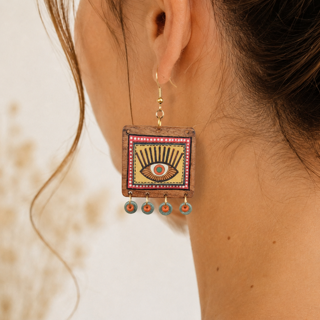 Evil Eye-V' Handcrafted Tribal Wooden Earrings
