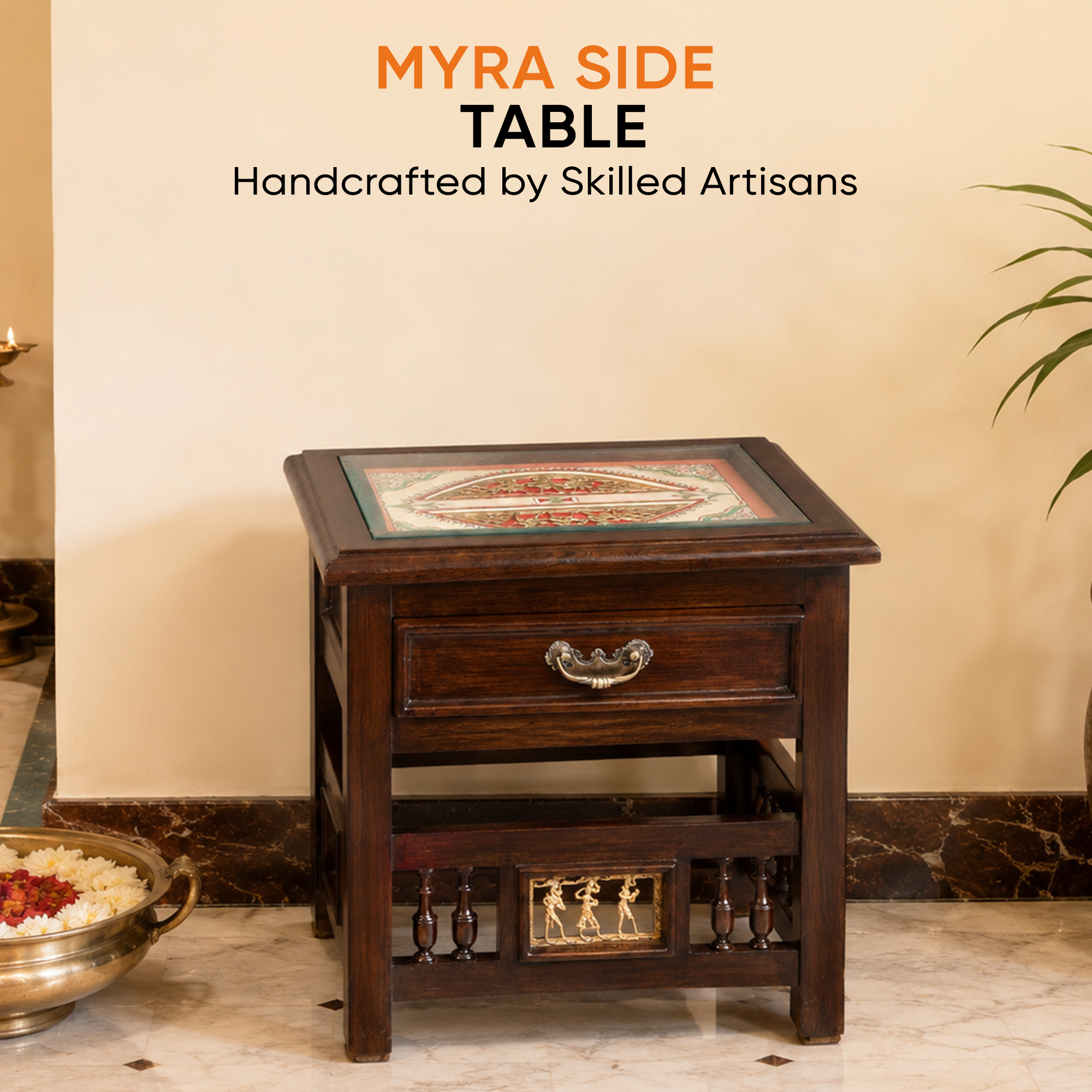 Myra Side Table in Teakwood with Walnut Finish, with Drawer (18x15x17)
