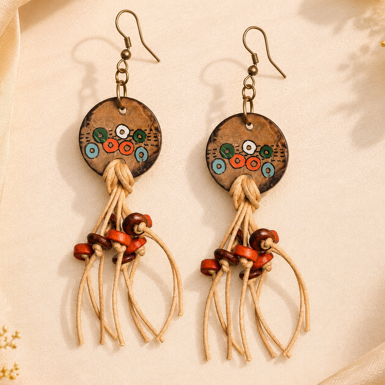 Rustic Loops: Handcrafted Wooden Earrings with Falling Strings