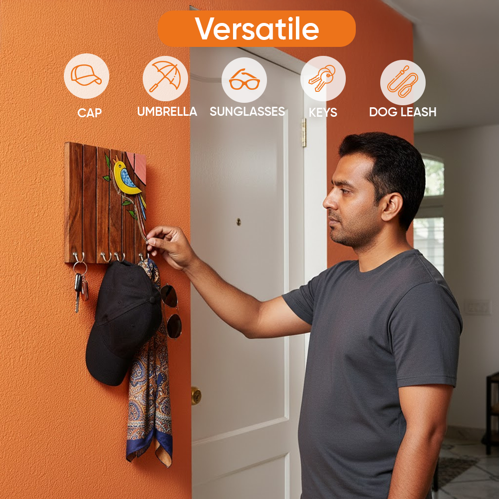 Robin Hand Painted Wooden Key Holder, Wall Mounted Bird Design Key Hanger for Entryway and Homedecor