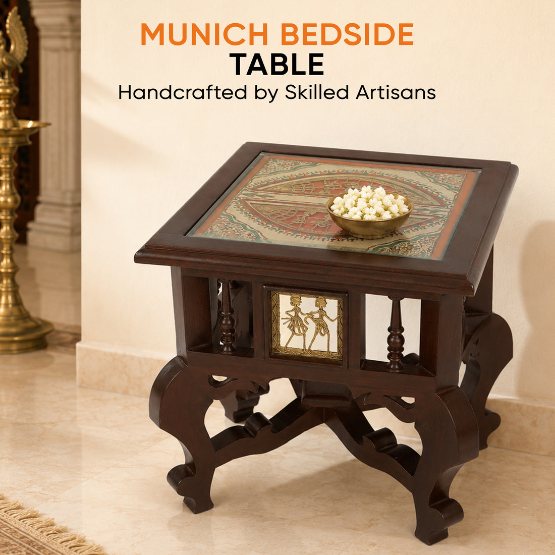 Munich Bedside Table with Oriental Legs in Teakwood with Walnut Finish (16x16x16)