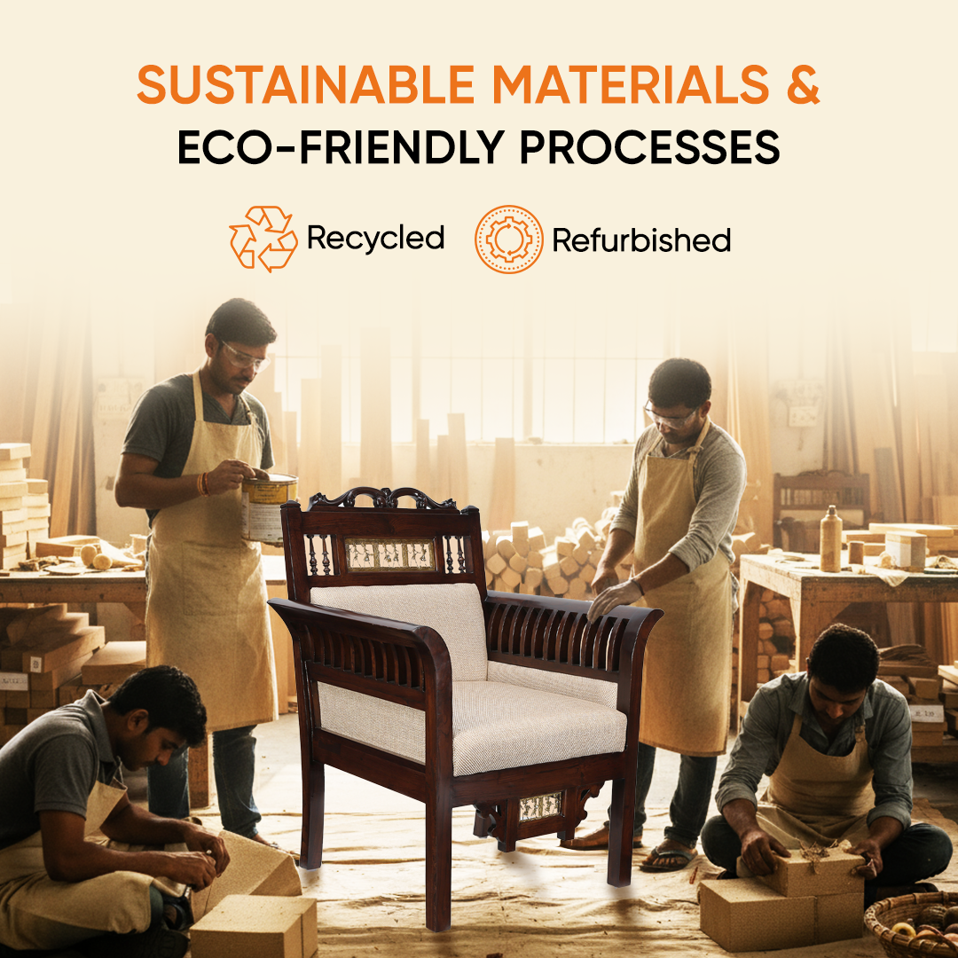 Maharaja Single Seater Sofa in Teakwood with Walnut Finish adorned with Dhokra Brass Frames (30x26x38)