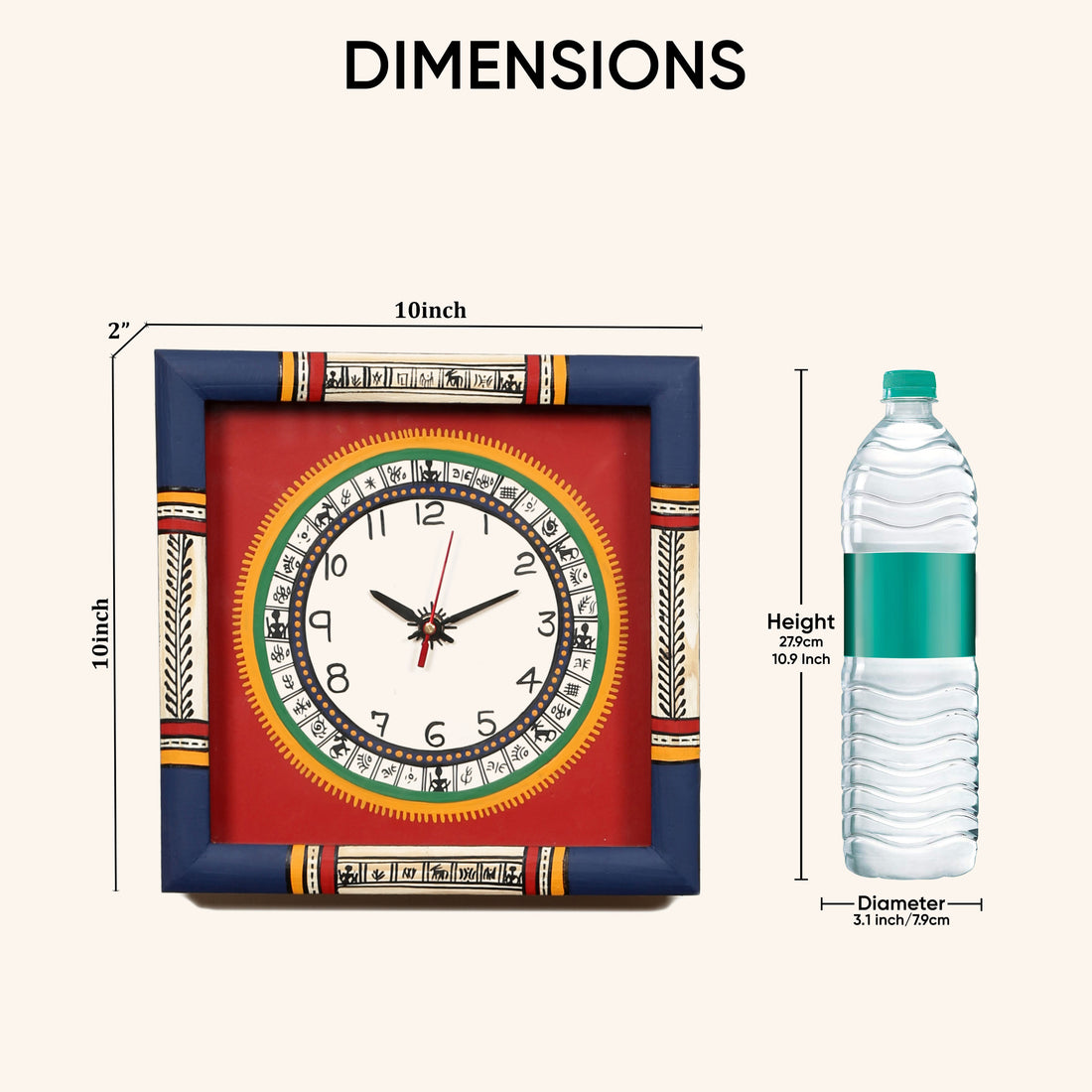 Wall Clock Handcrafted Warli Art Red Dial with Glass Frame (10x10)