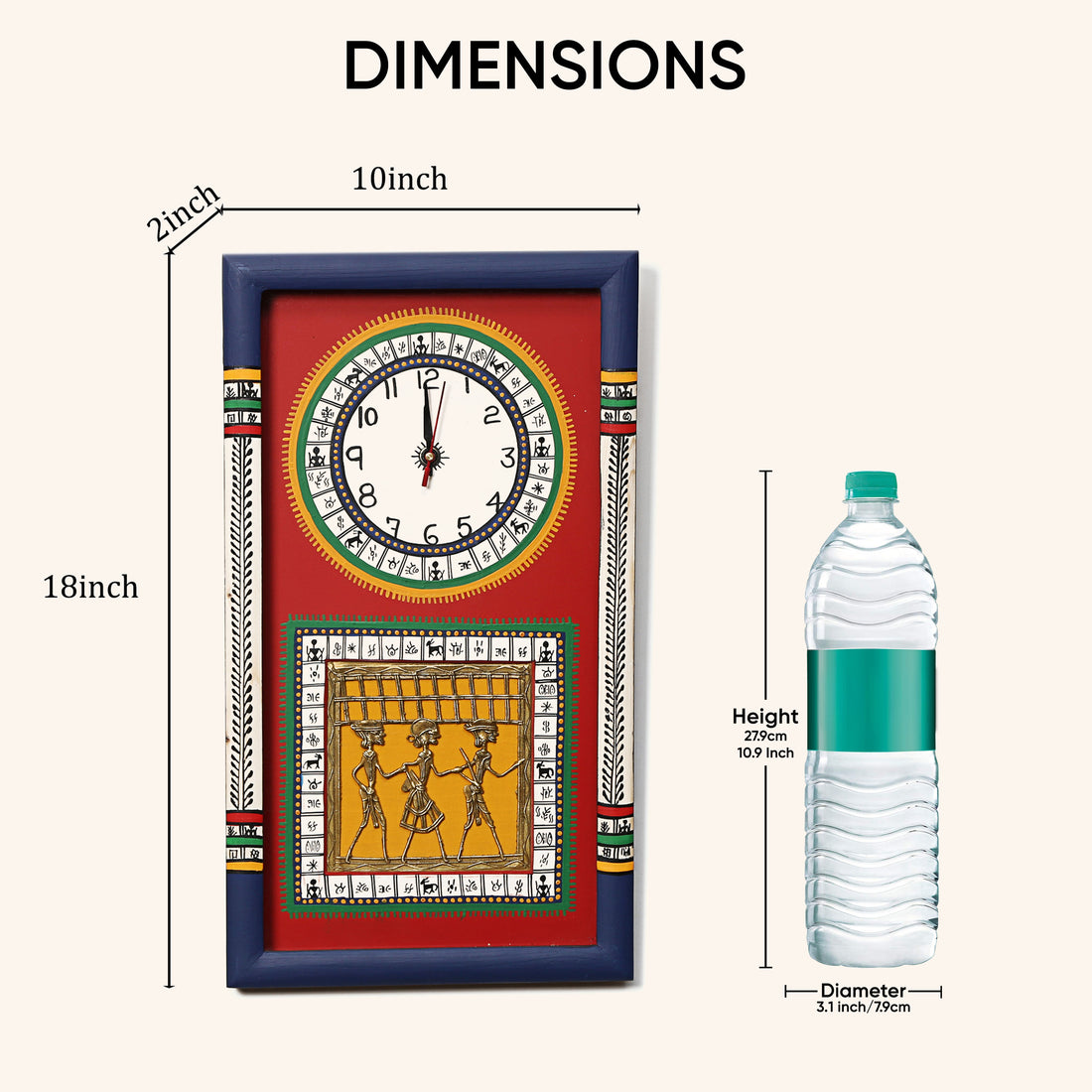 Desi Dhokra Wall Clock Warli Dial with Glass Frame (10x18)