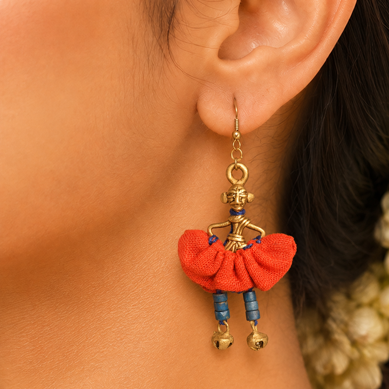 The Dancing Empress Handcrafted Tribal Dhokra Earrings in Garnet Red