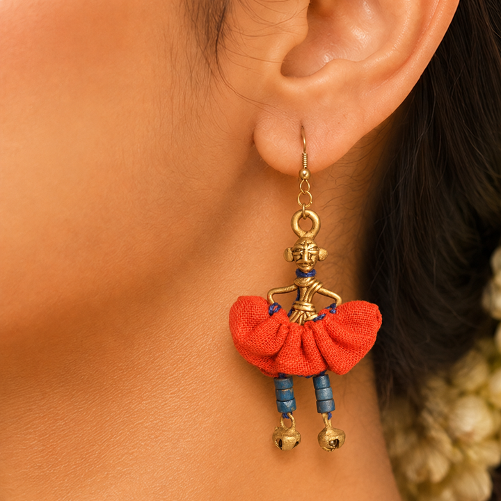 The Dancing Empress Handcrafted Tribal Dhokra Earrings in Garnet Red