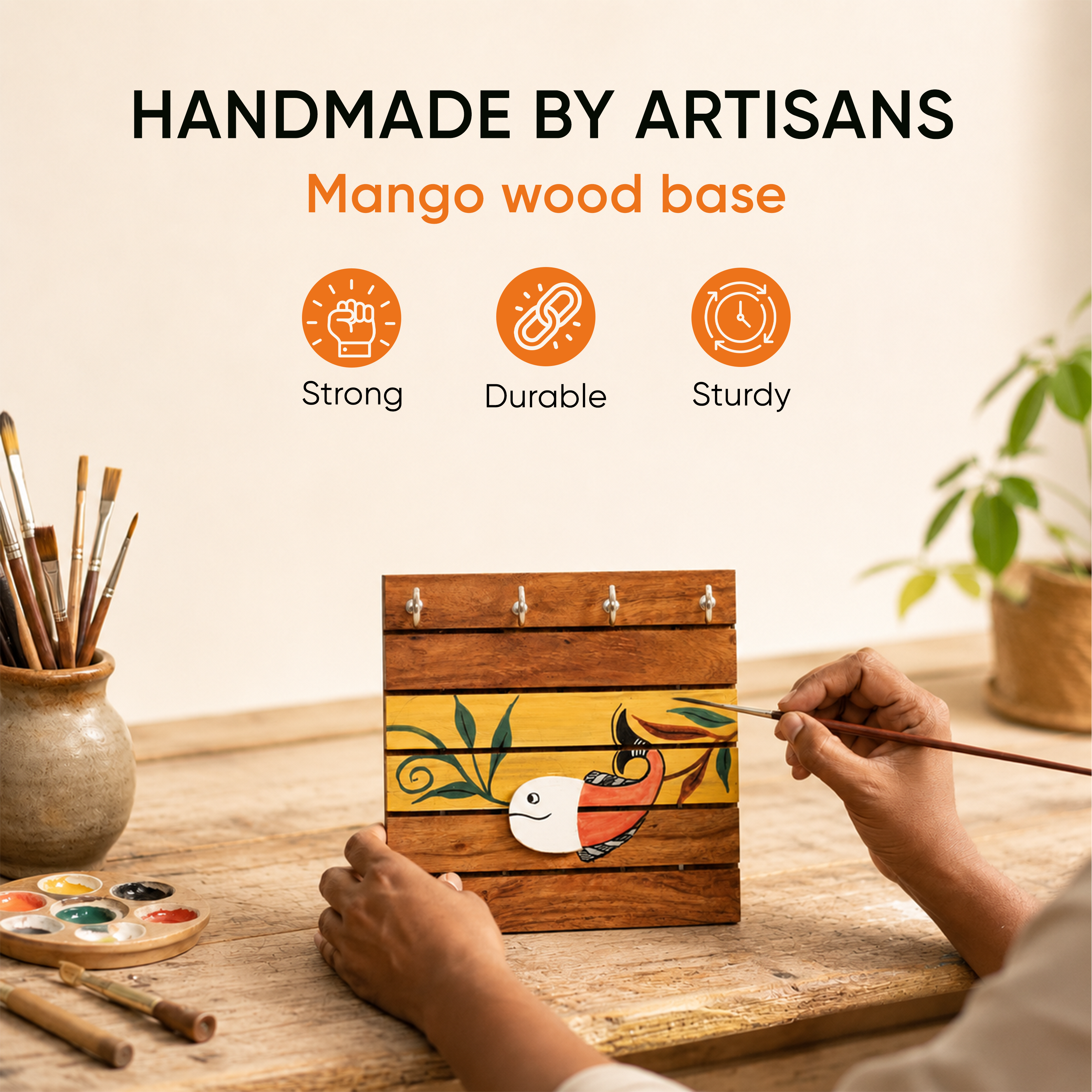 Boga Hand Painted Wooden Key Holder, Wall Mounted Key Hanger with Bird Design for Homedecor