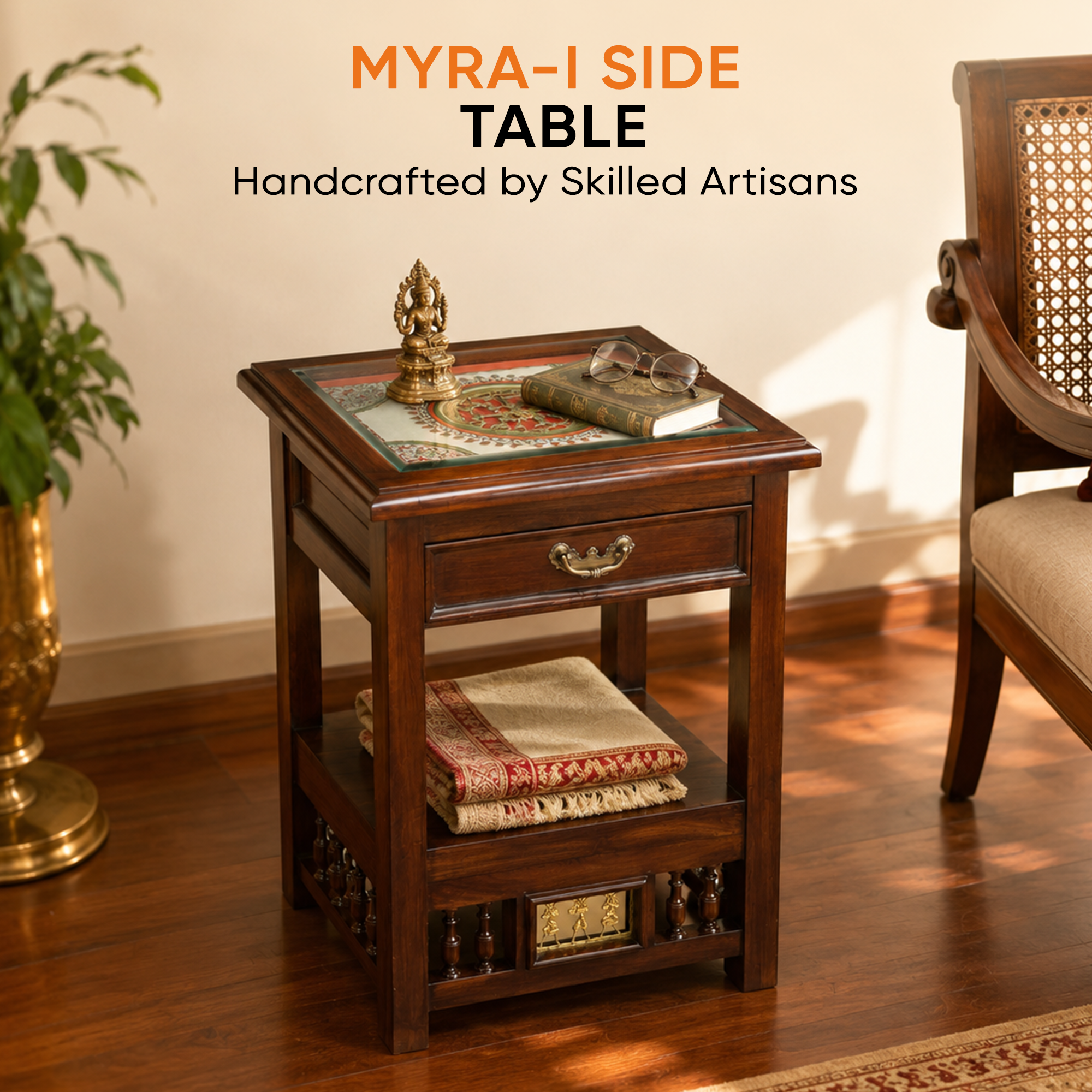 Myra-I Side Table in Teakwood with Walnut Matte Finish, with Drawer (18x15x24)