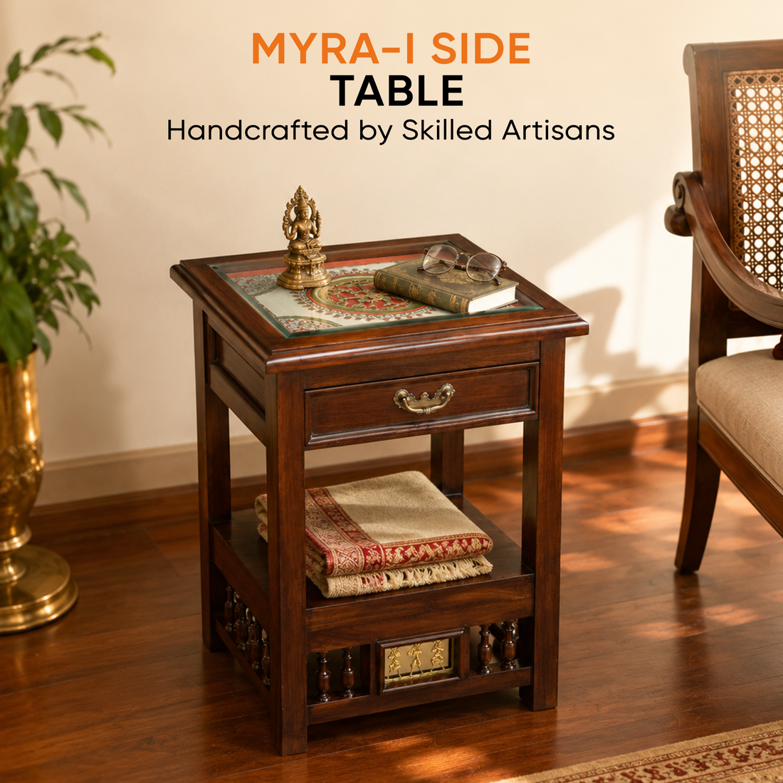 Myra-I Side Table in Teakwood with Walnut Matte Finish, with Drawer (18x15x24)