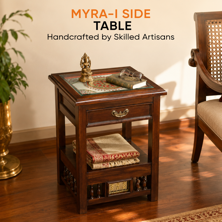 Myra-I Side Table in Teakwood with Walnut Matte Finish, with Drawer (18x15x24)