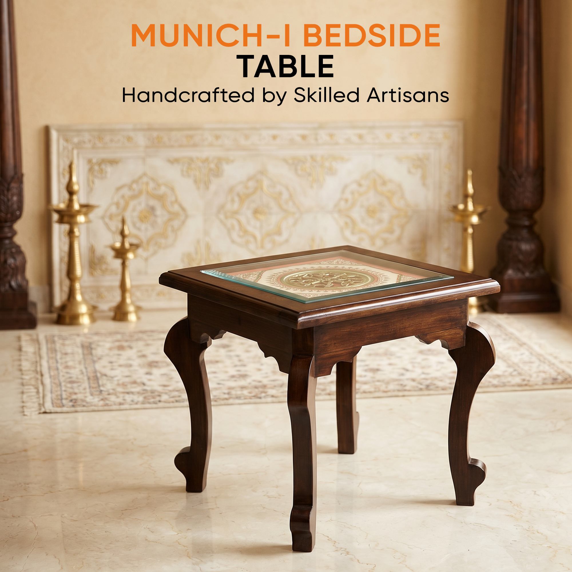 Munich-I Bedside Table with Oriental Legs in Teakwood with Walnut Matte Finish (16x16x16)