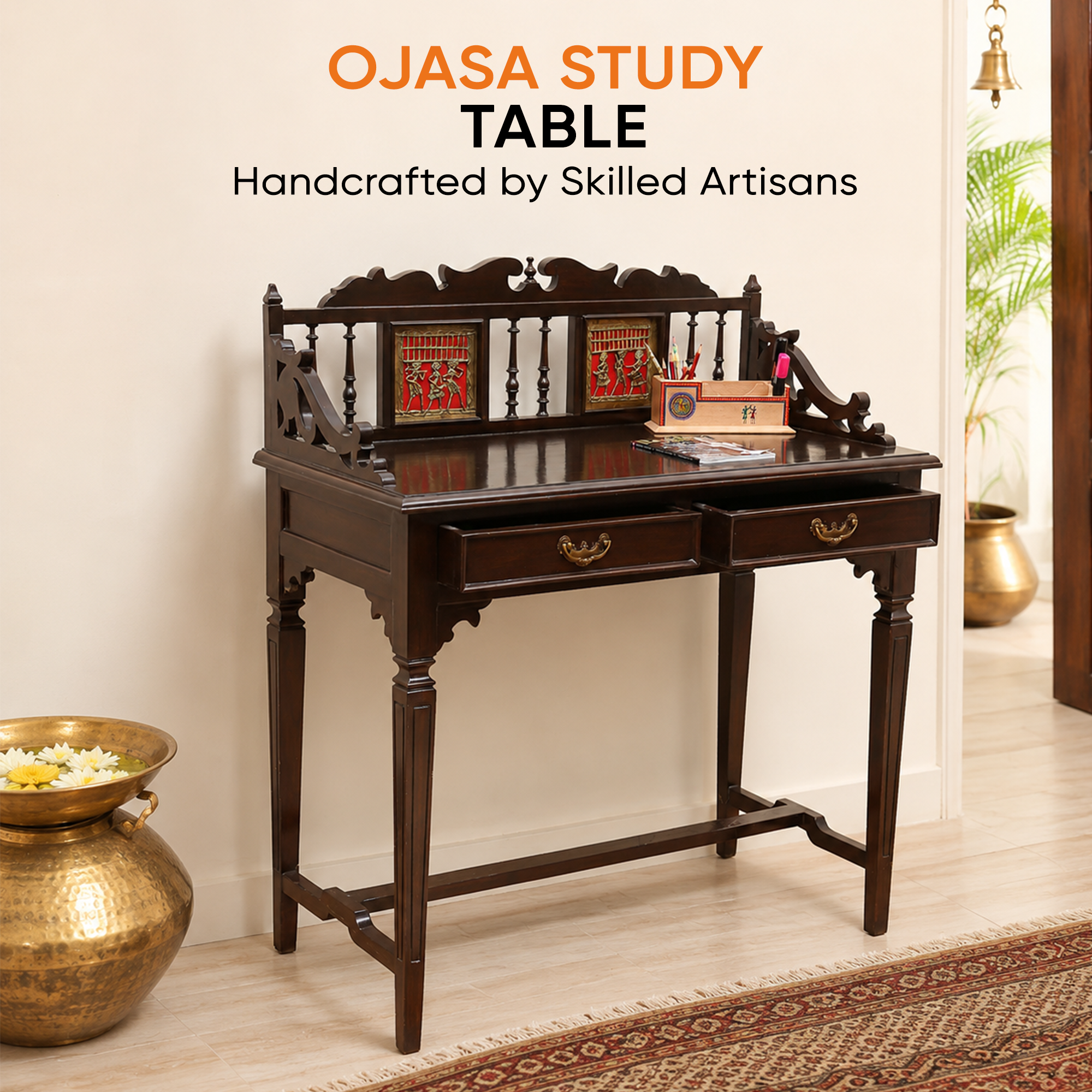 Ojasa Study Table in Teakwood with Walnut Finish (36x18x40)