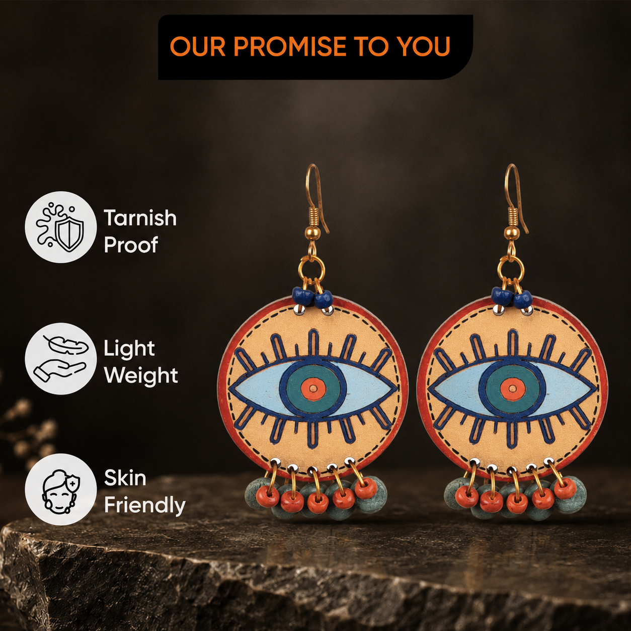 Evil Eye-II' Handcrafted Tribal Wooden Earrings