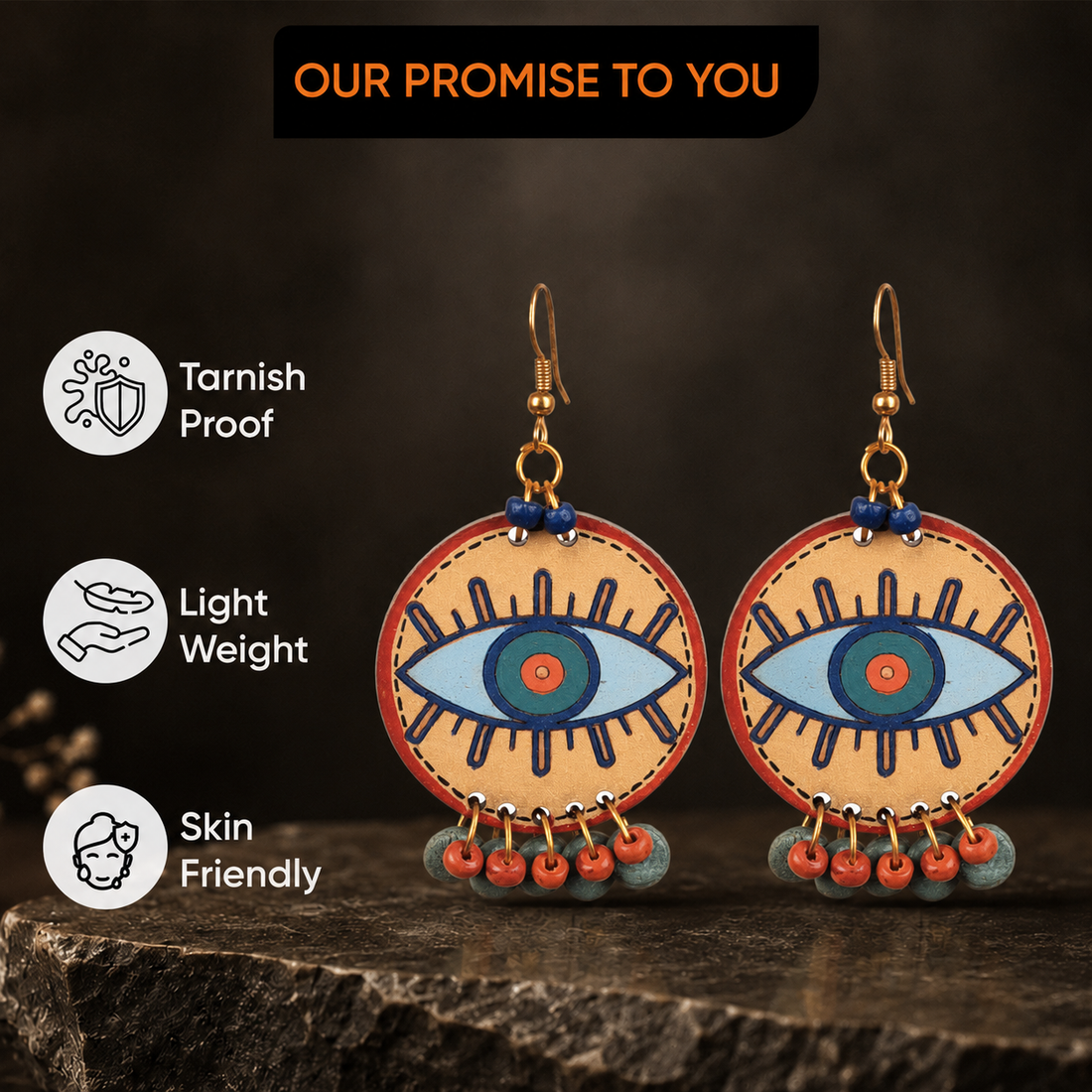 Evil Eye-II' Handcrafted Tribal Wooden Earrings