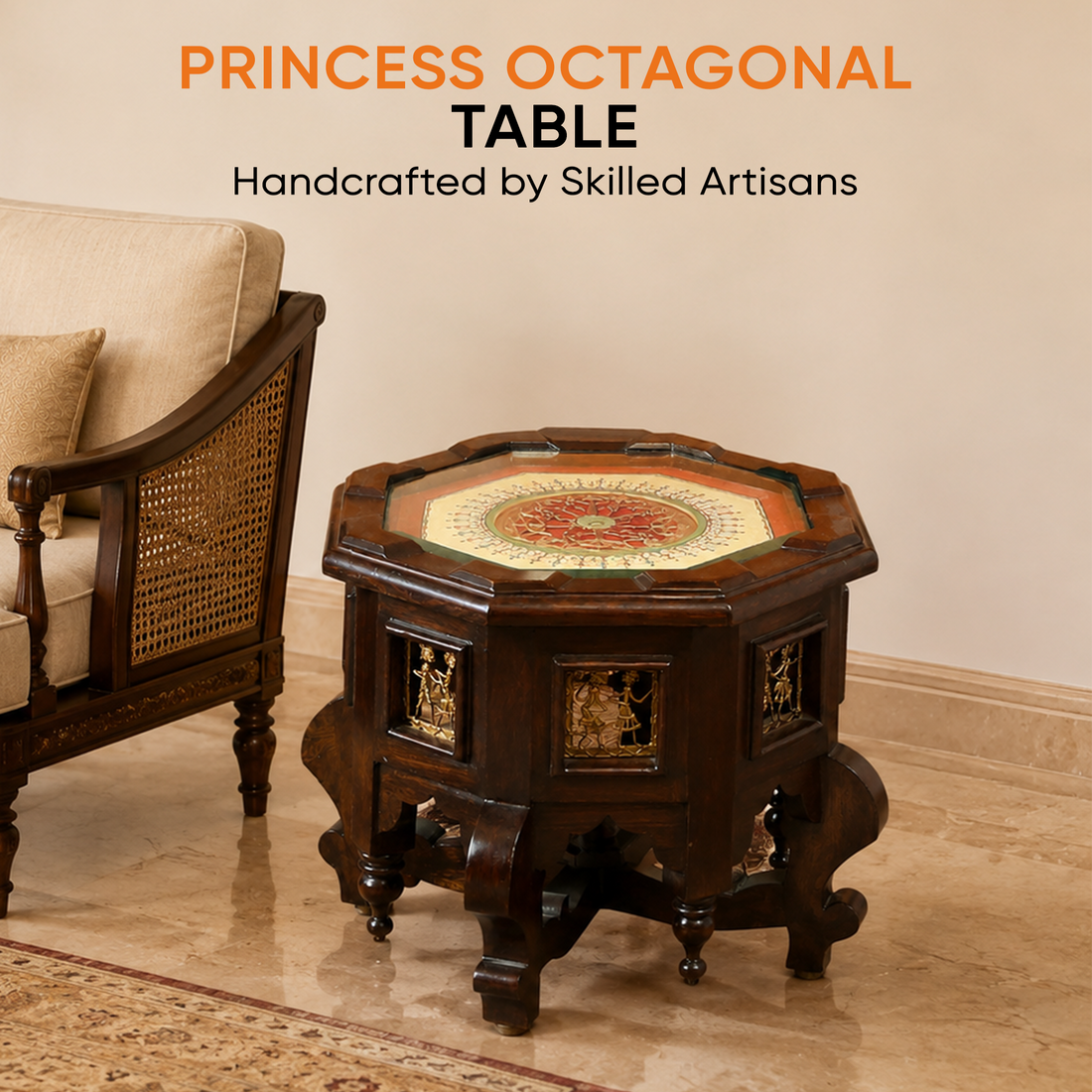 Princess Octagonal Accent Table in Teak Wood with Walnut Finish (15x15x12)