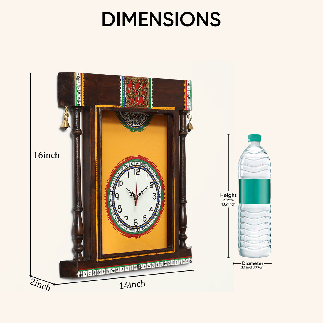 Wall Clock Handcrafted Warli Art Yellow Dial with Glass Frame (14x16)