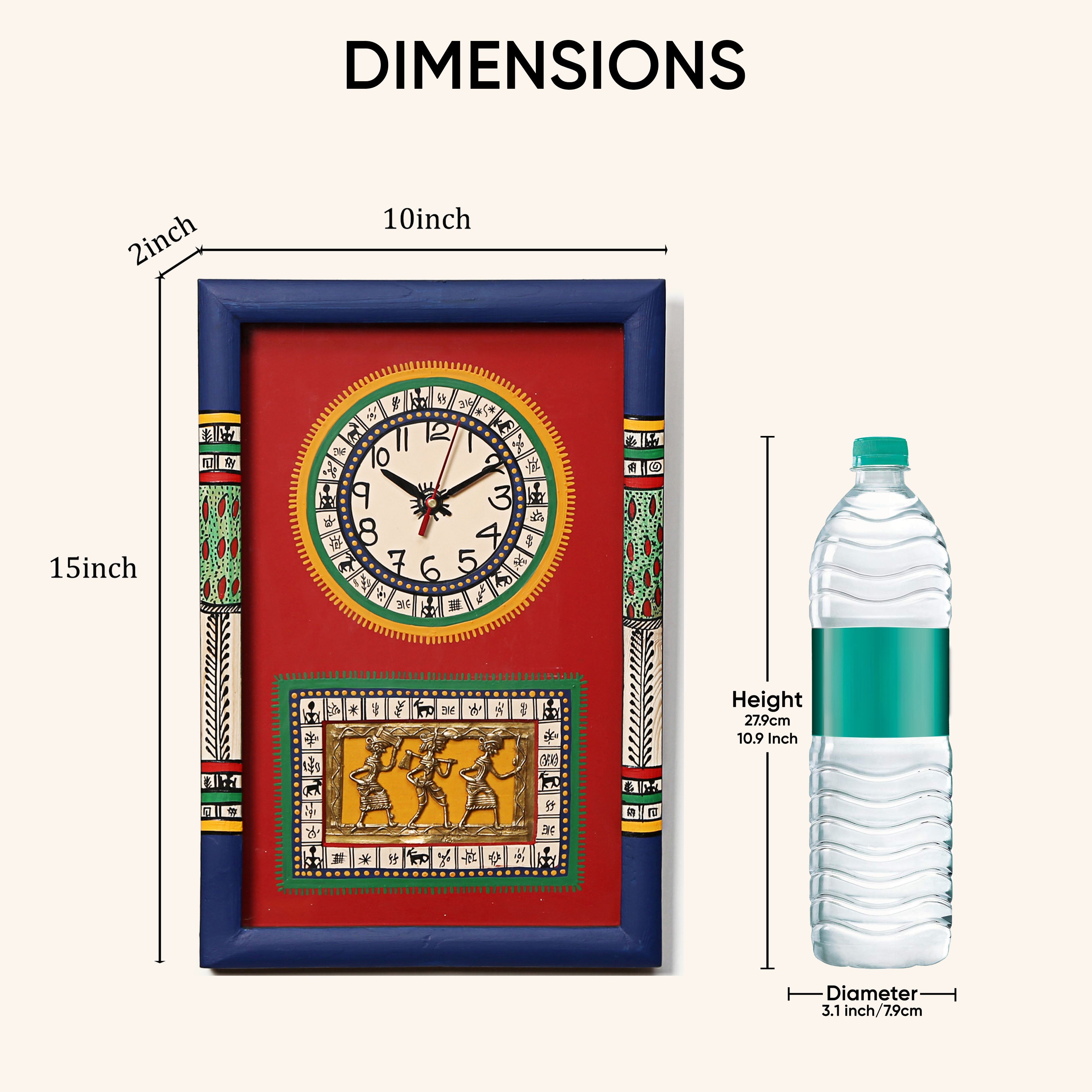 Wall Clock Handcrafted Warli/Dhokra Art Red Dial with Glass Frame (10x15)