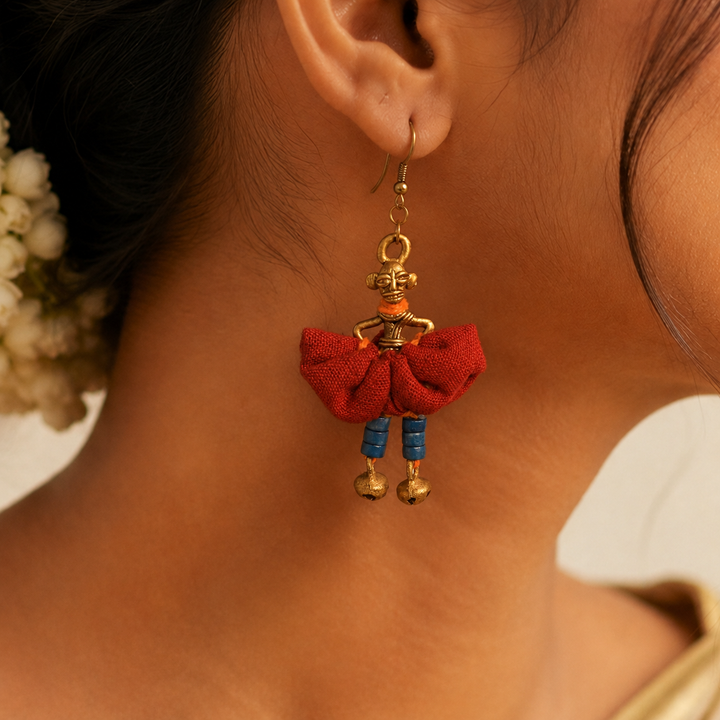 The Dancing Empress Handcrafted Tribal Dhokra Earrings in Sunset Orange