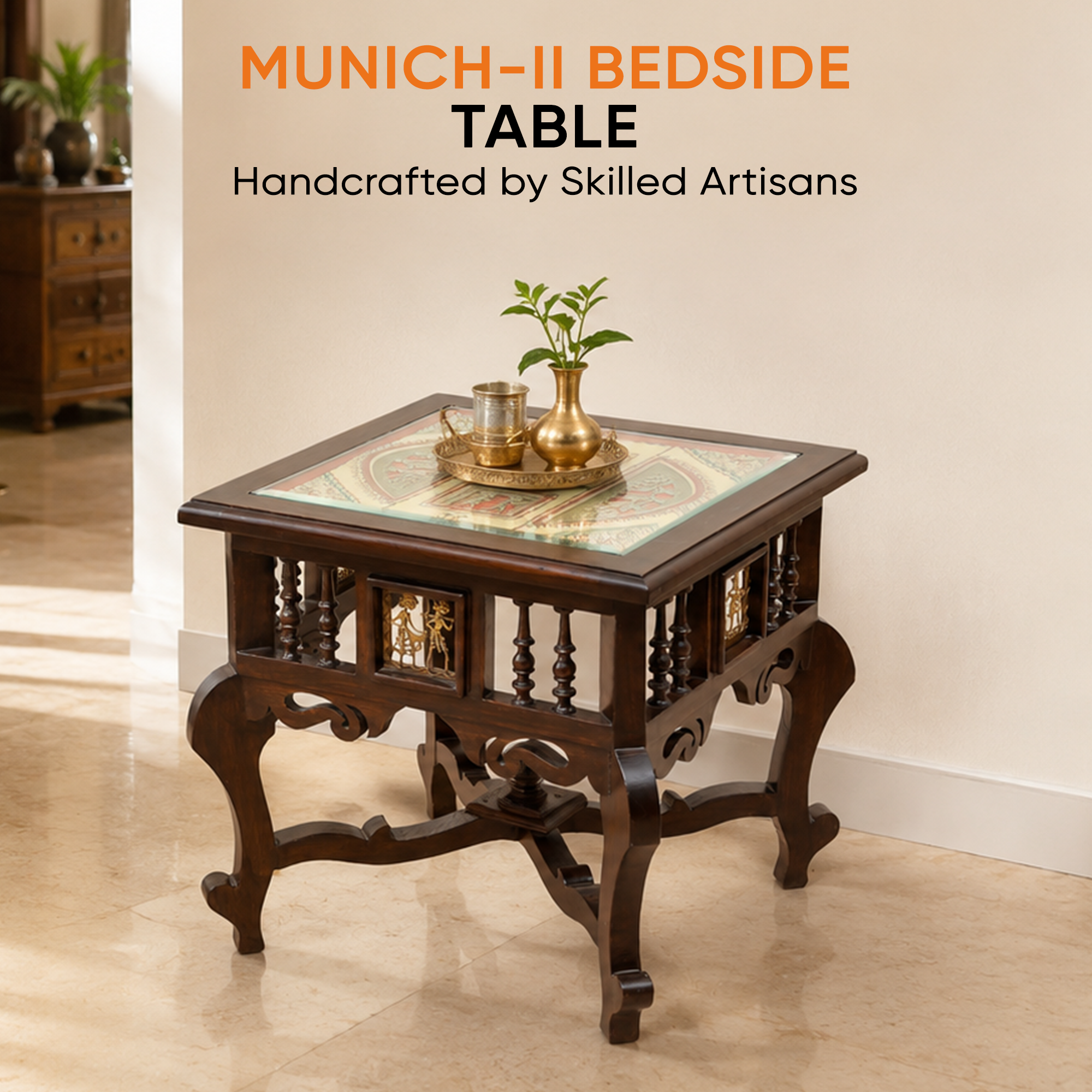 Munich-II Bedside Table with Oriental Legs in Teakwood with Walnut Finish (18x18x18)