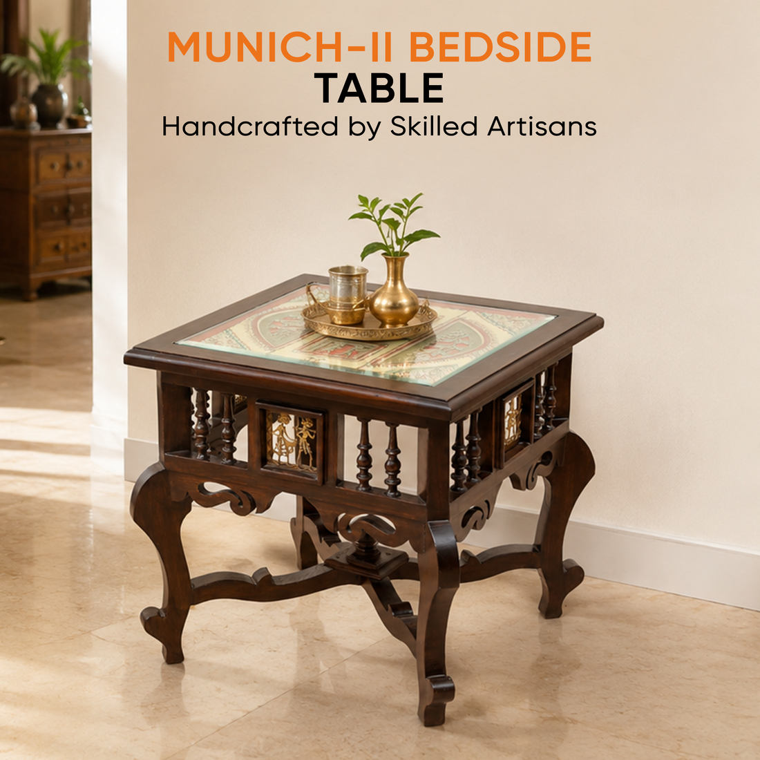 Munich-II Bedside Table with Oriental Legs in Teakwood with Walnut Finish (18x18x18)