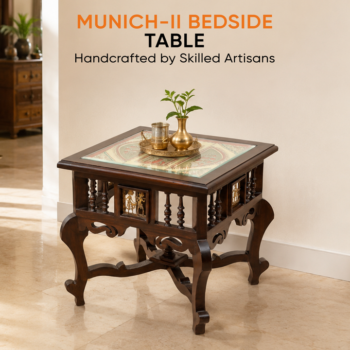 Munich-II Bedside Table with Oriental Legs in Teakwood with Walnut Finish (18x18x18)