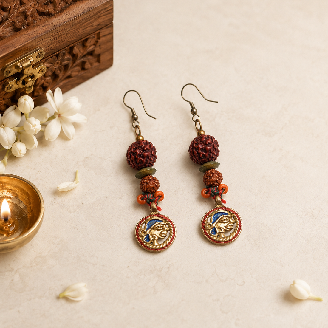 Divine Fusion: Handcrafted Wooden & Rudraksha Earrings