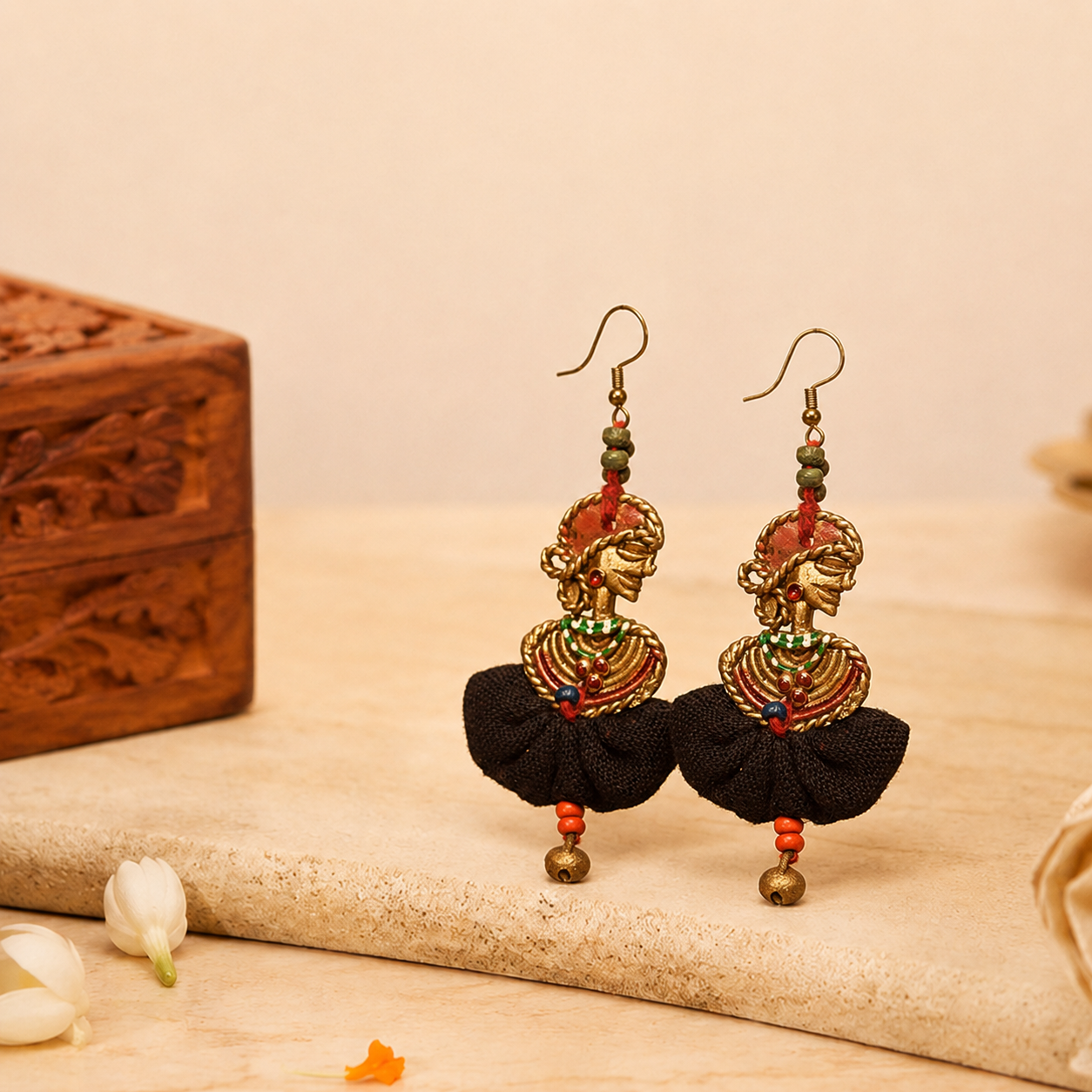 The Dancing Empress Handcrafted Tribal Dhokra Earrings in Jet Black
