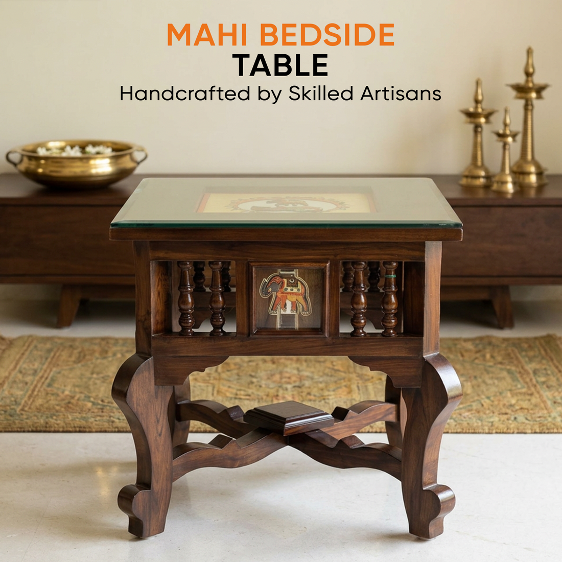 Mahi Bedside Table with Oriental Legs in Teakwood with Walnut Matte Finish