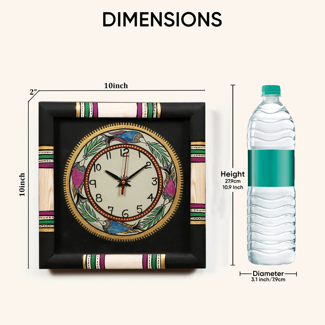 Wall Clock Handcrafted Warli Art Black Dial with Glass Frame (10x10)