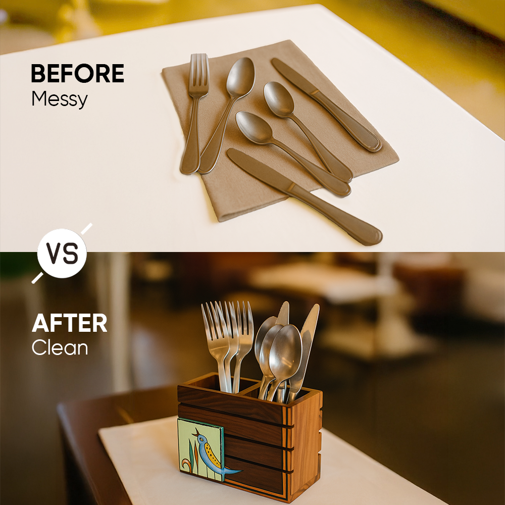 Kyoku Hand Painted Wooden Cutlery Holder, Compact Organizer for Dining Table and Kitchen