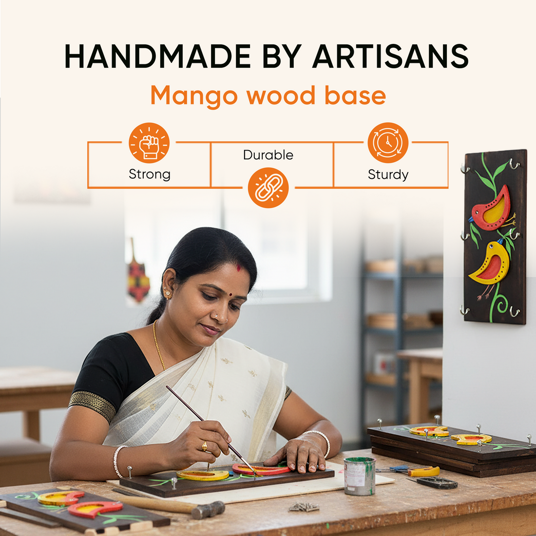 Ini Mini Hand Painted Wooden Key Holder, Vertical Wall Mounted Key Hanger with Twin Bird Design for Homedecor