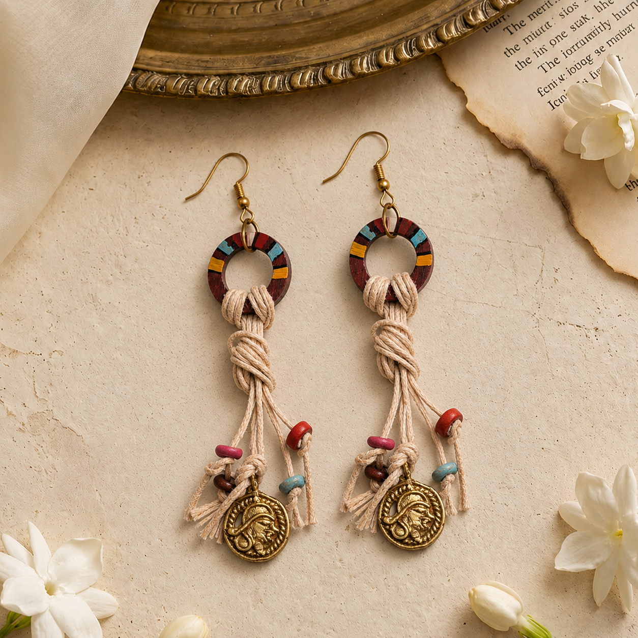 Rustic Loops: Handcrafted Wooden Earrings with Intricate Brass Figures