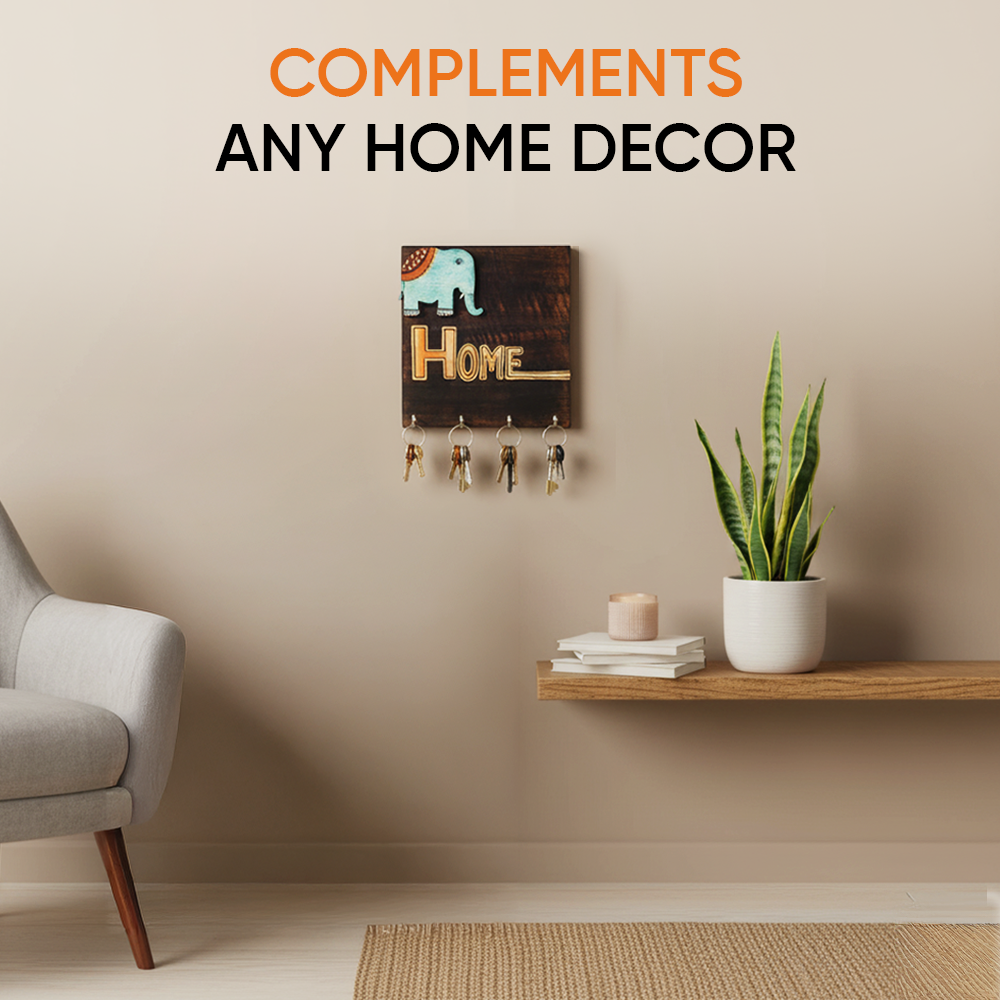 Hola Wooden Key Holder with Hand Painted Elephant and HOME Design, Wall Mounted Key Organizer for Homedecor