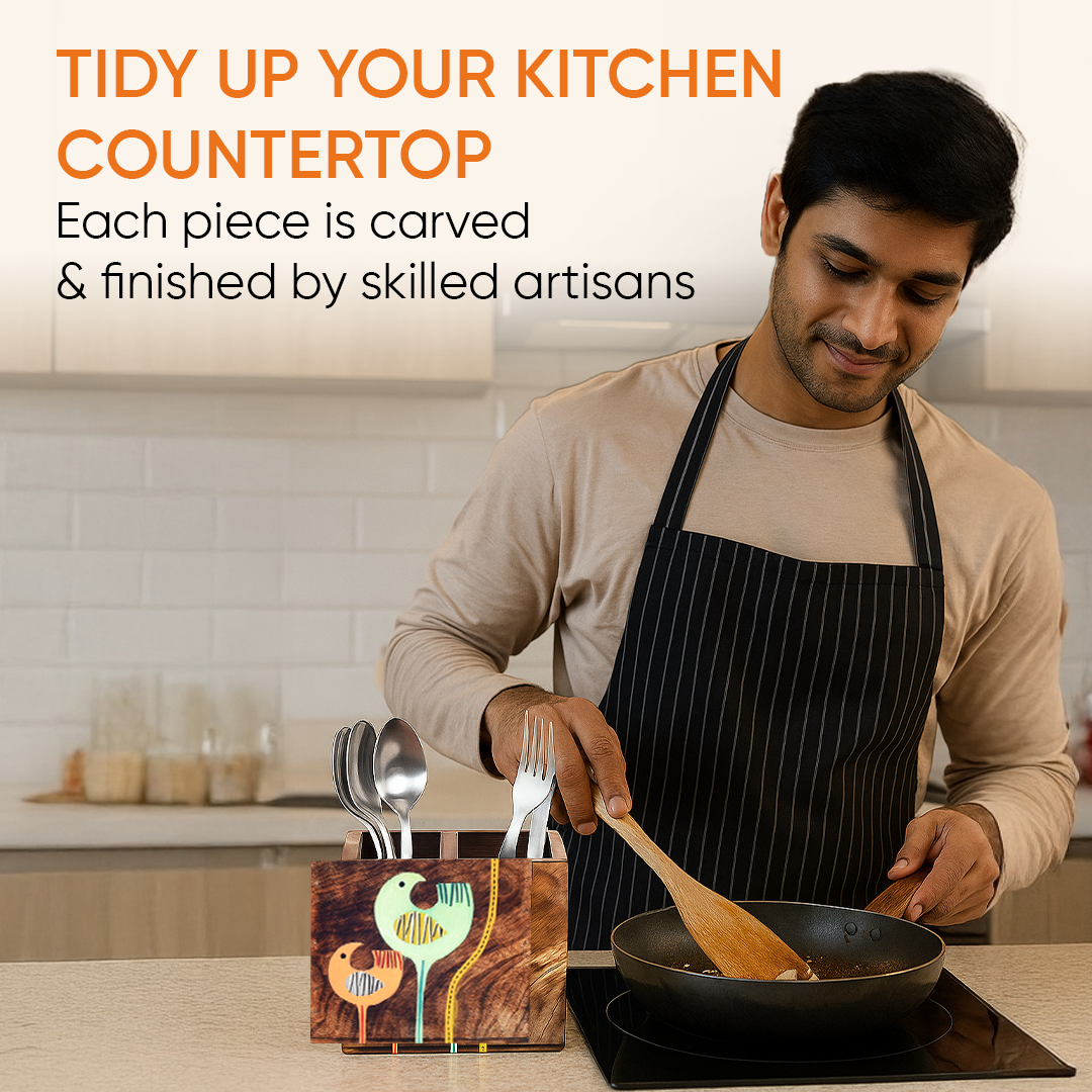 Luna & Leo Hand Painted Wooden Cutlery Holder, Stylish Organizer for Dining Table and Kitchen