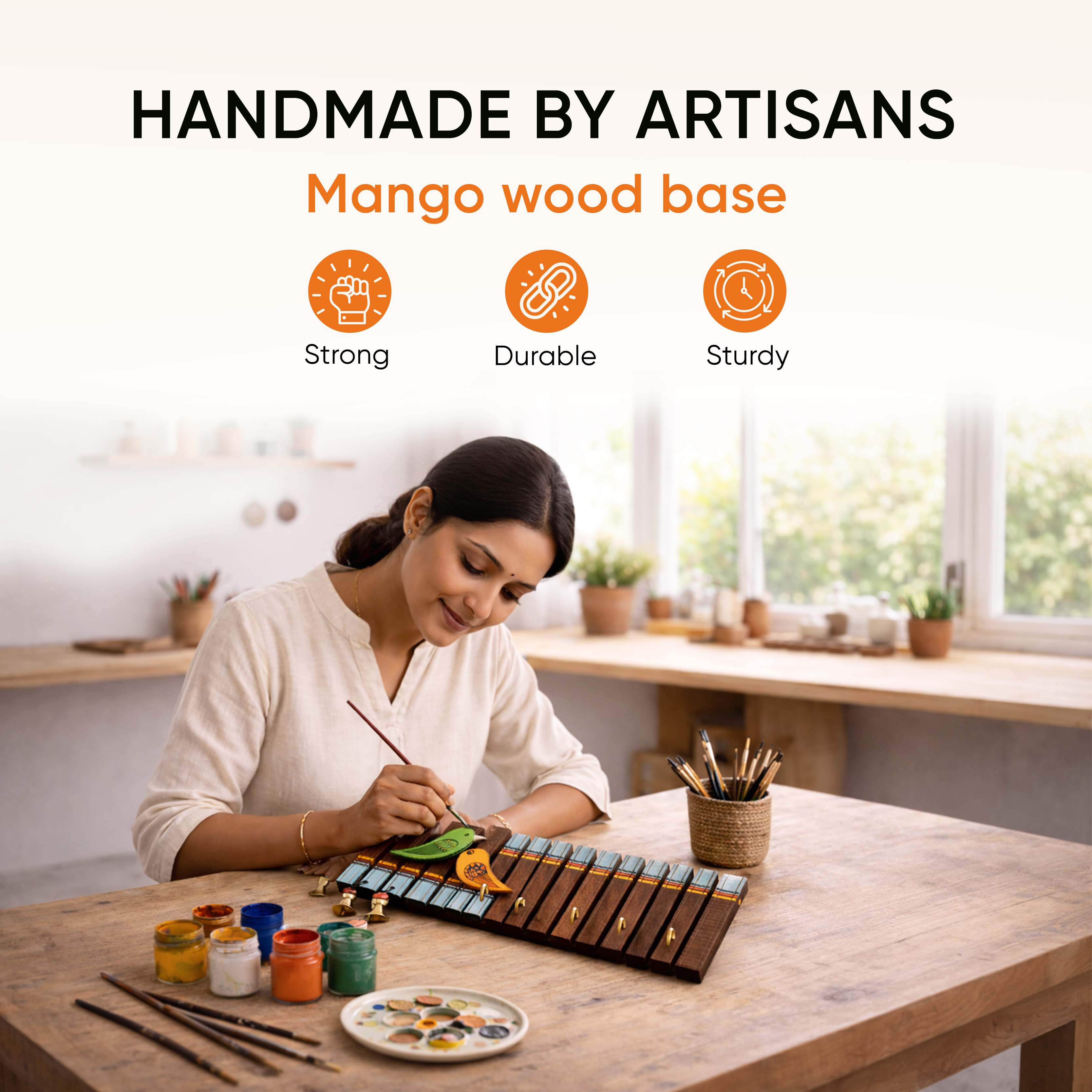 Key Holder Handcrafted Tribal Art Wooden Strips & birds 4 keys (12x1.4x5.4)