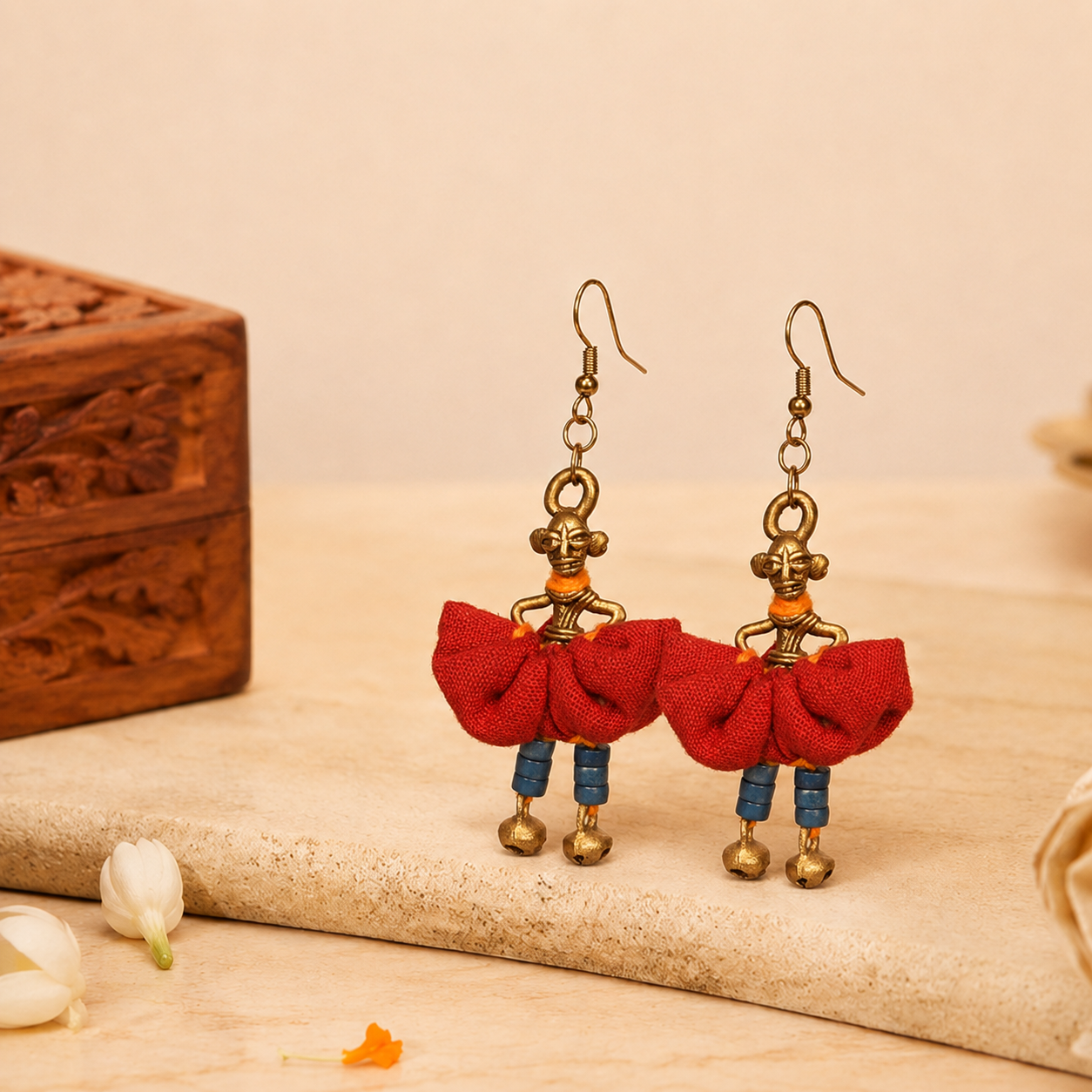 The Dancing Empress Handcrafted Tribal Dhokra Earrings in Sunset Orange