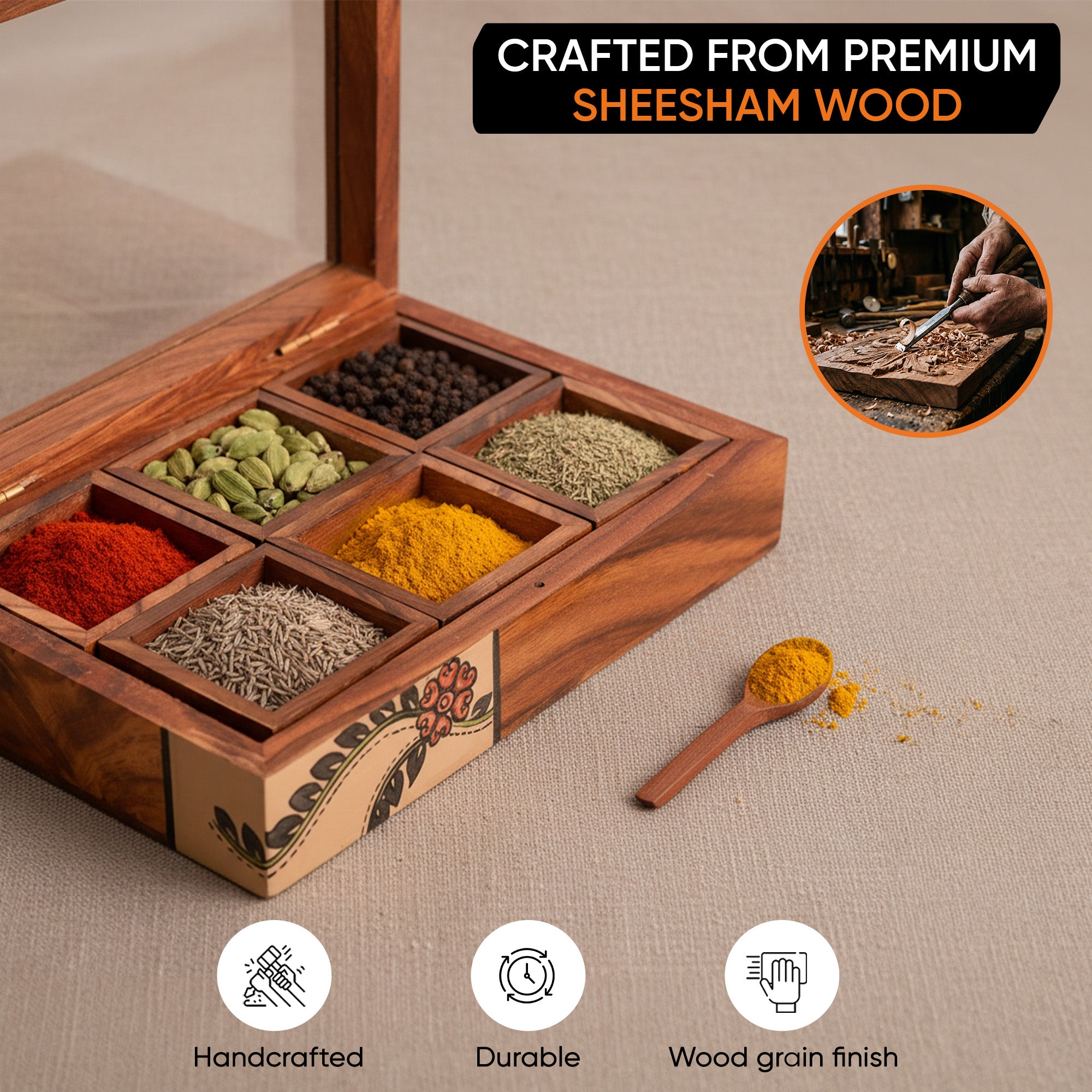 Spice Box Handcrafted Tribal Art 6 slot Wooden with Spoon (8x6x2)