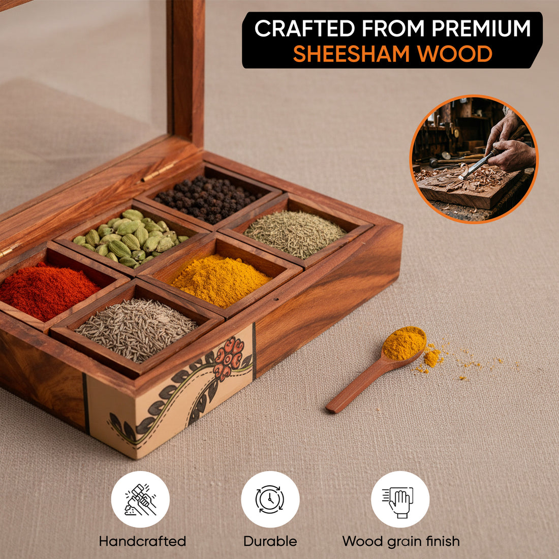 Spice Box Handcrafted Tribal Art 6 slot Wooden with Spoon (8x6x2)