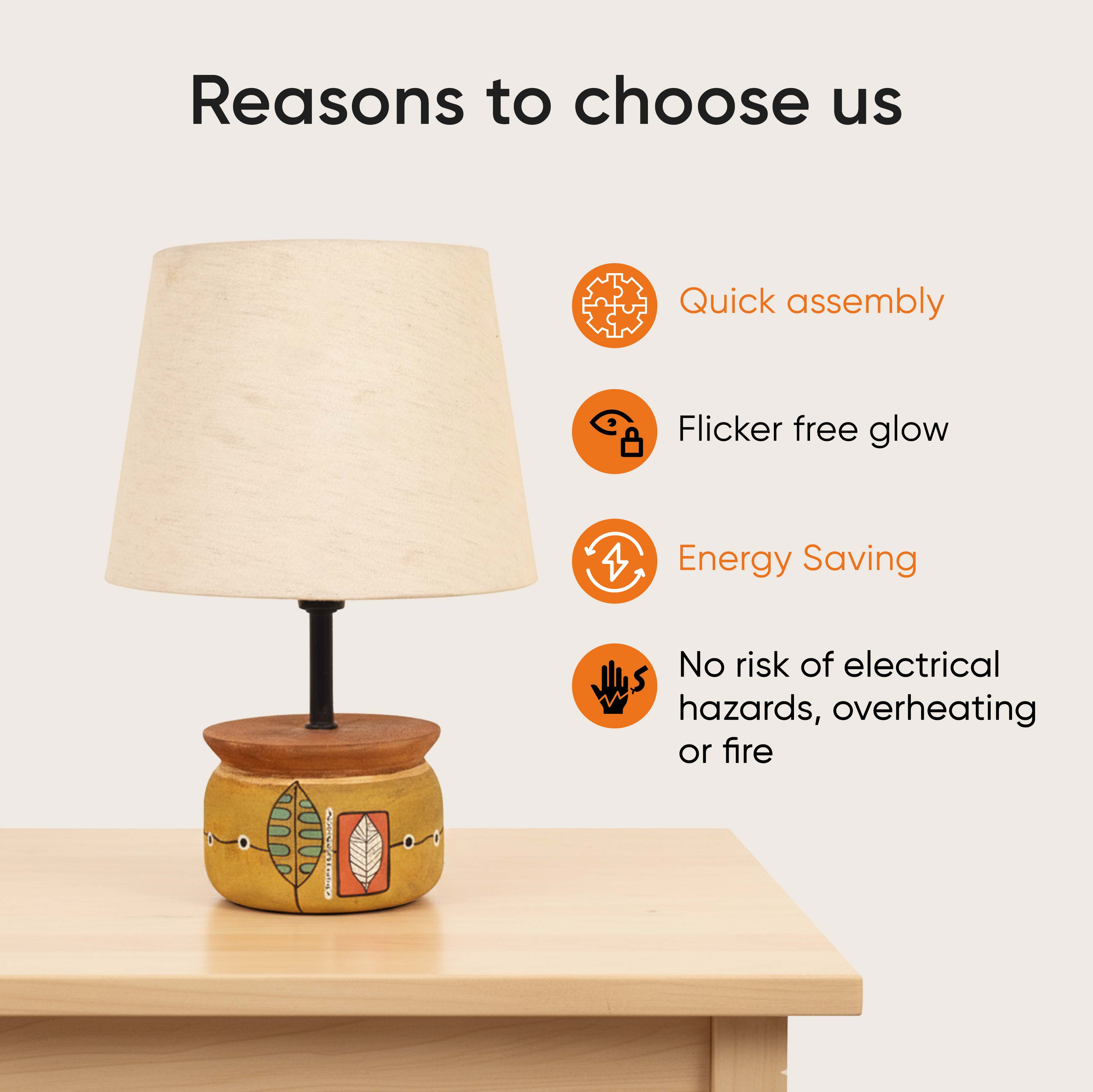 Handcrafted Wooden Table Lamp with Round Base and Fabric Shade, Decorative Bedside and Living Room Lighting