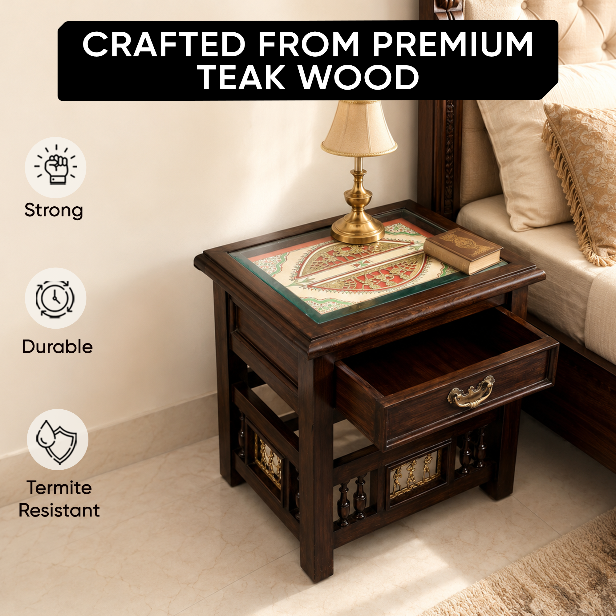 Myra Side Table in Teakwood with Walnut Finish, with Drawer (18x15x17)