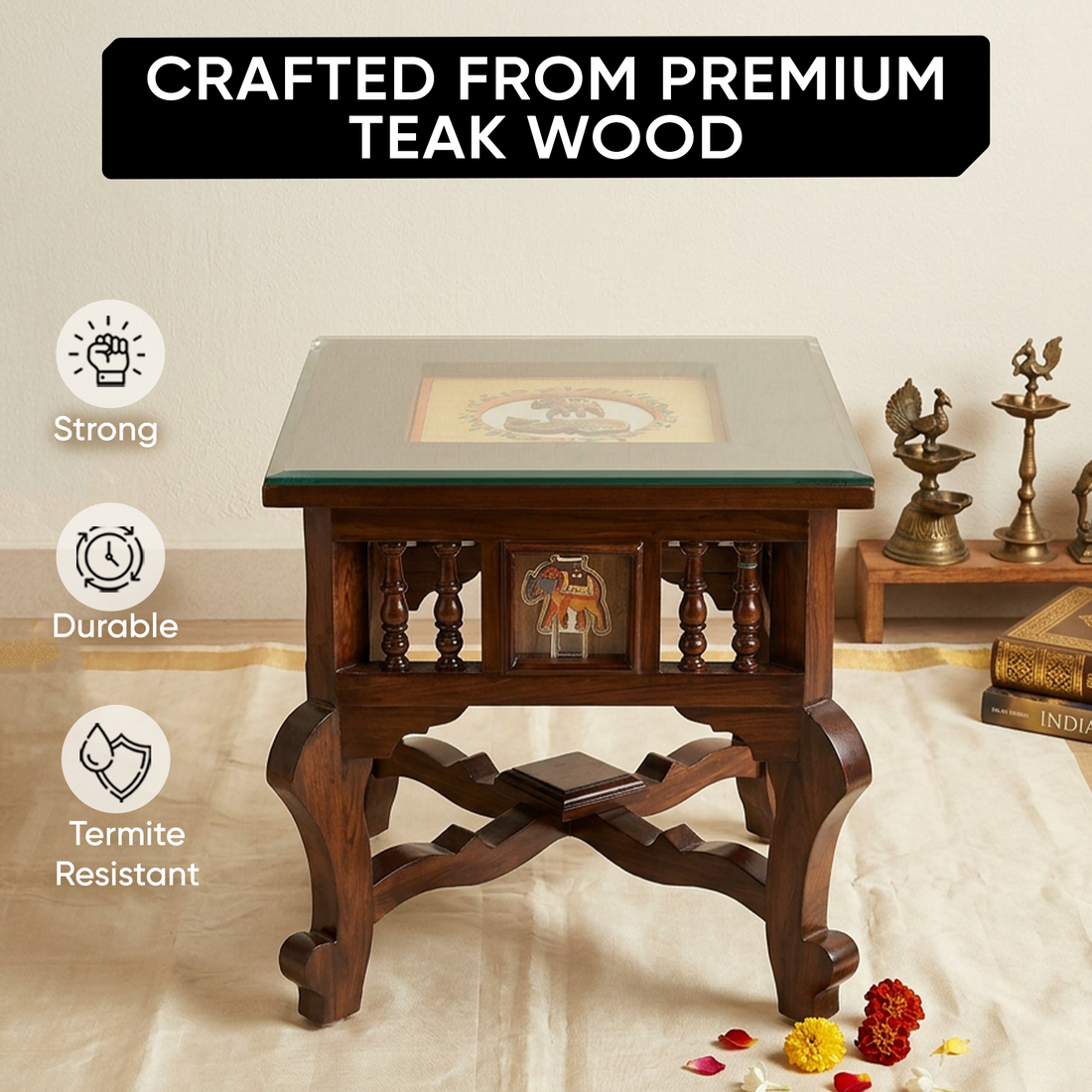 Mahi Bedside Table with Oriental Legs in Teakwood with Walnut Matte Finish
