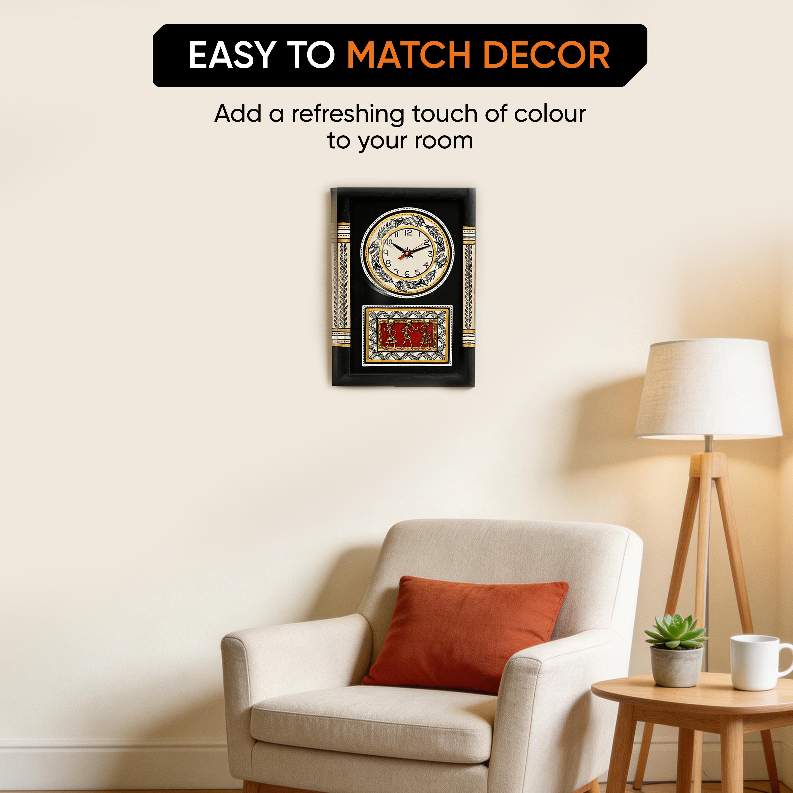 Wall Clock Handcrafted Warli/Dhokra Art Black Dial with Glass Frame (10x15)