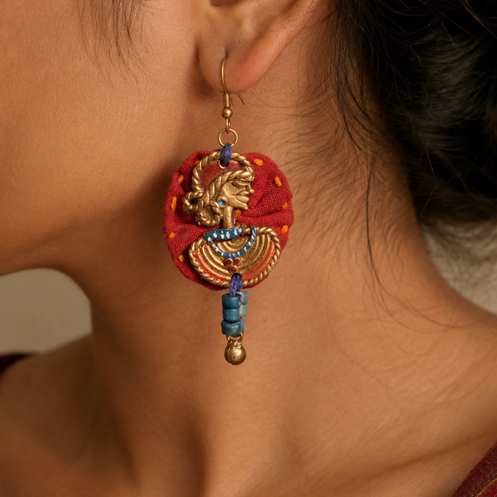 The Royal Empress Handcrafted Tribal Dhokra Round Earrings in Red