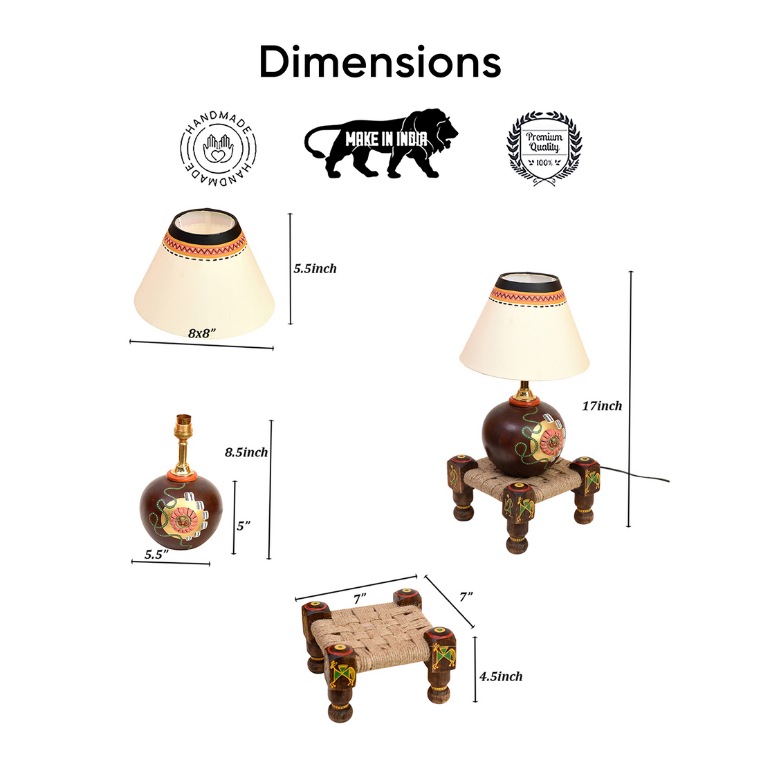 Table Lamp Earthen in Brown Color on Jute Wooden Manji Handcrafted with White Shade (8x8x17)