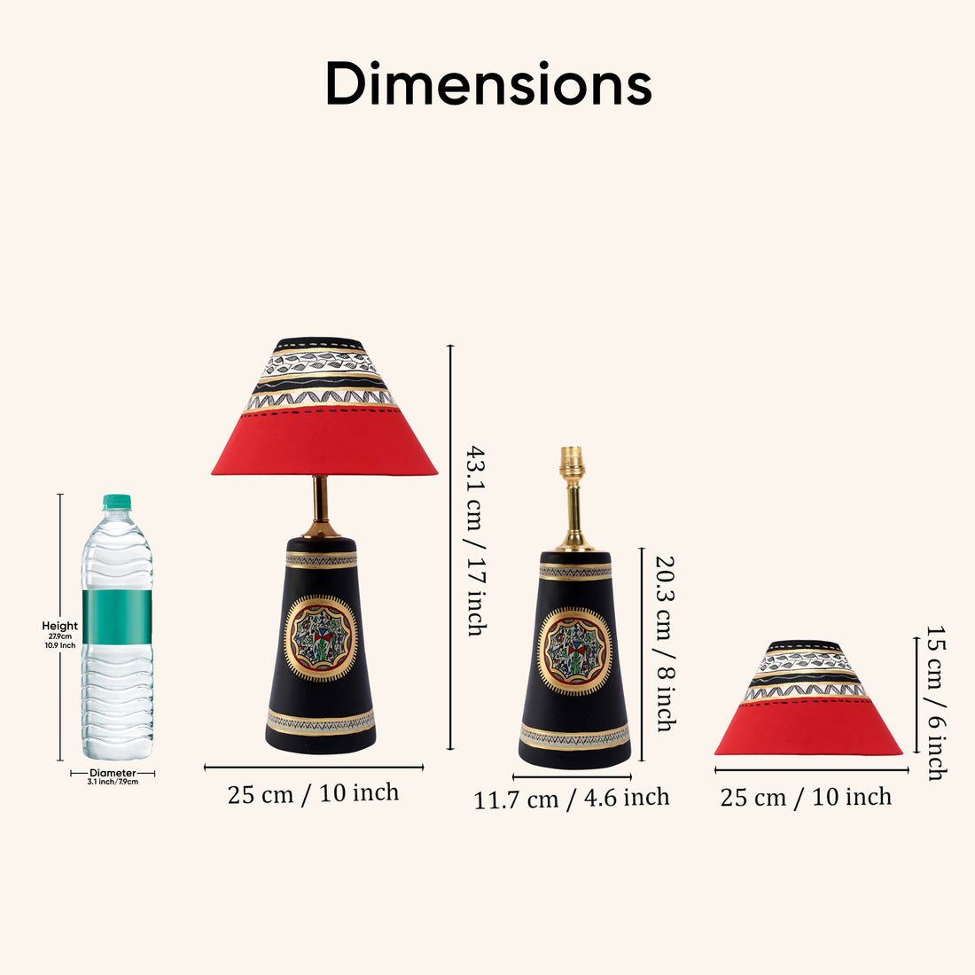 Soma Table Lamp- Hand Painted with warli Art in Black with Red Hand Painted Fabric Shade