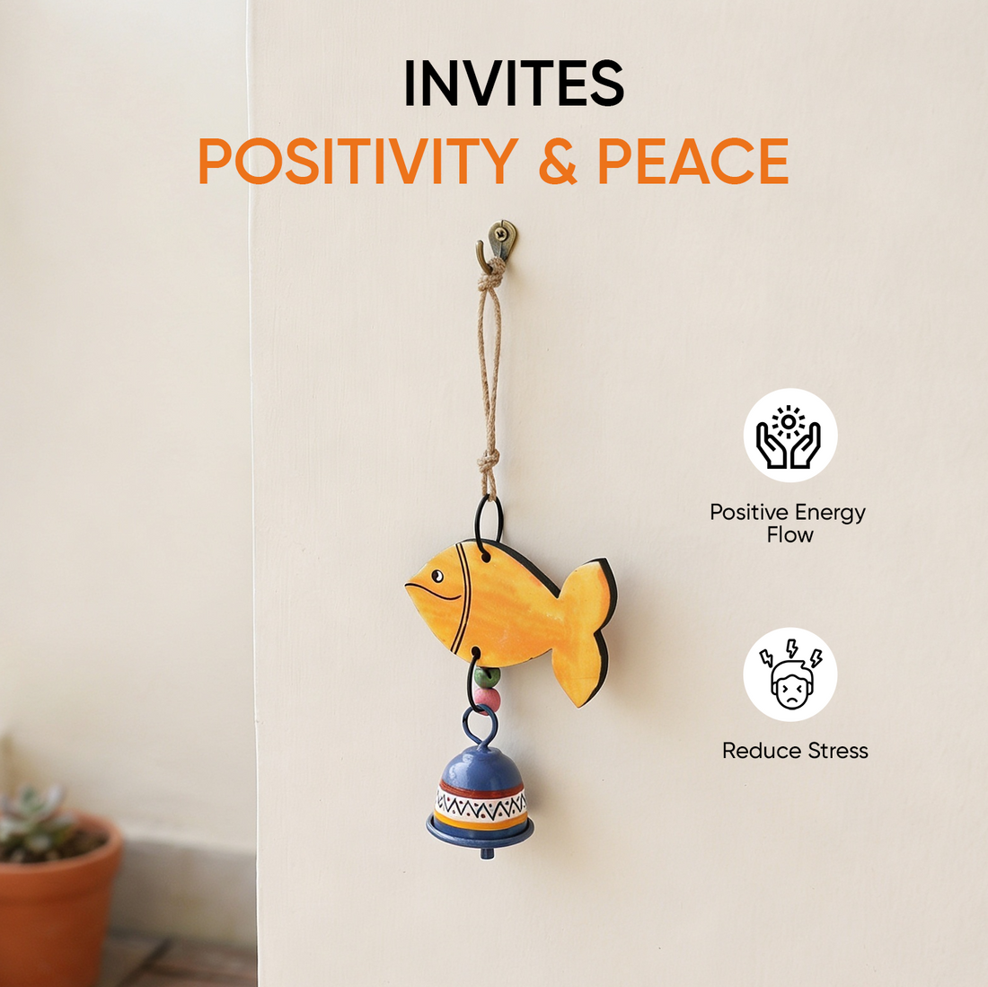 Handpainted Orange Fish Wind Chimes for Home Decorative (Multicolour)
