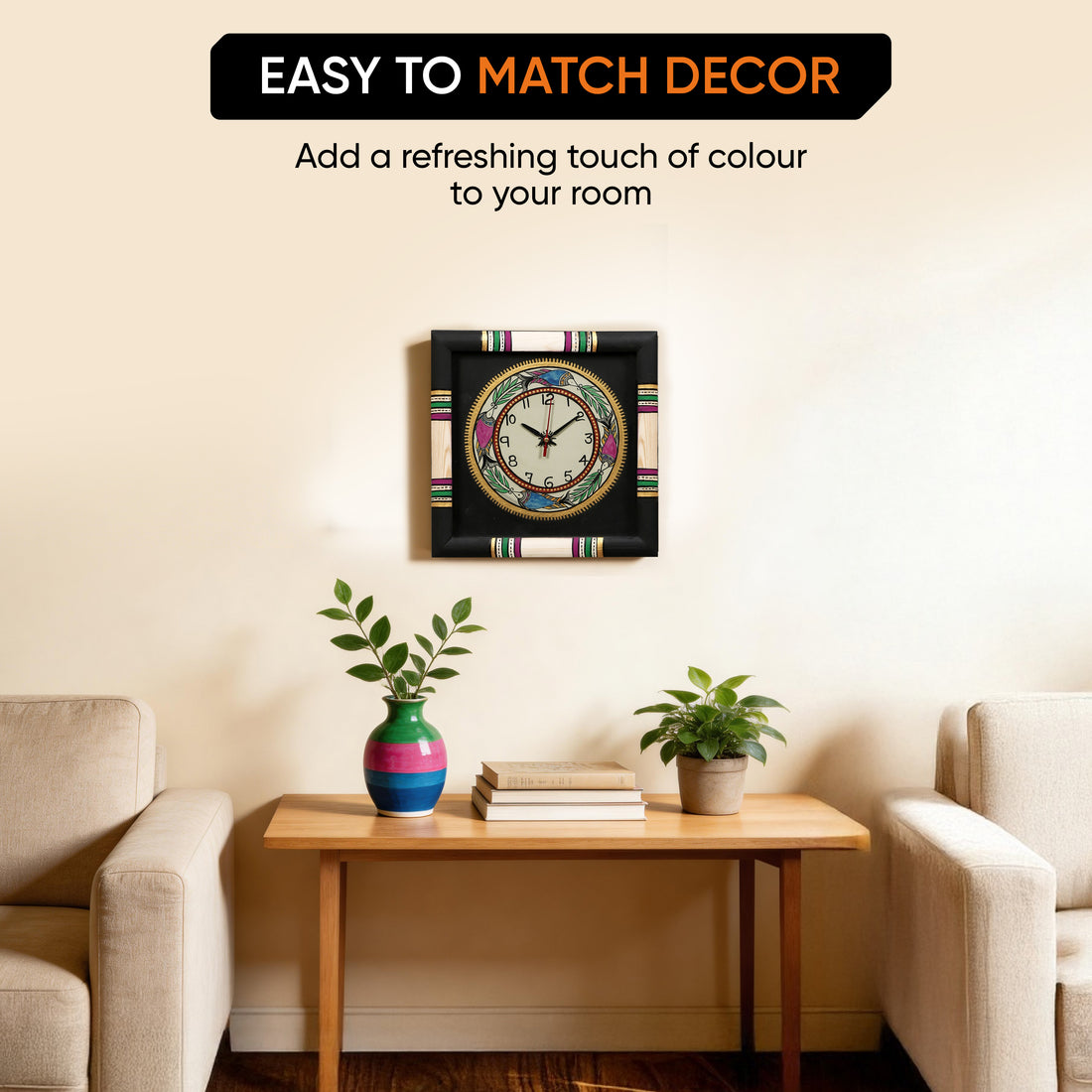 Wall Clock Handcrafted Warli Art Black Dial with Glass Frame (10x10)