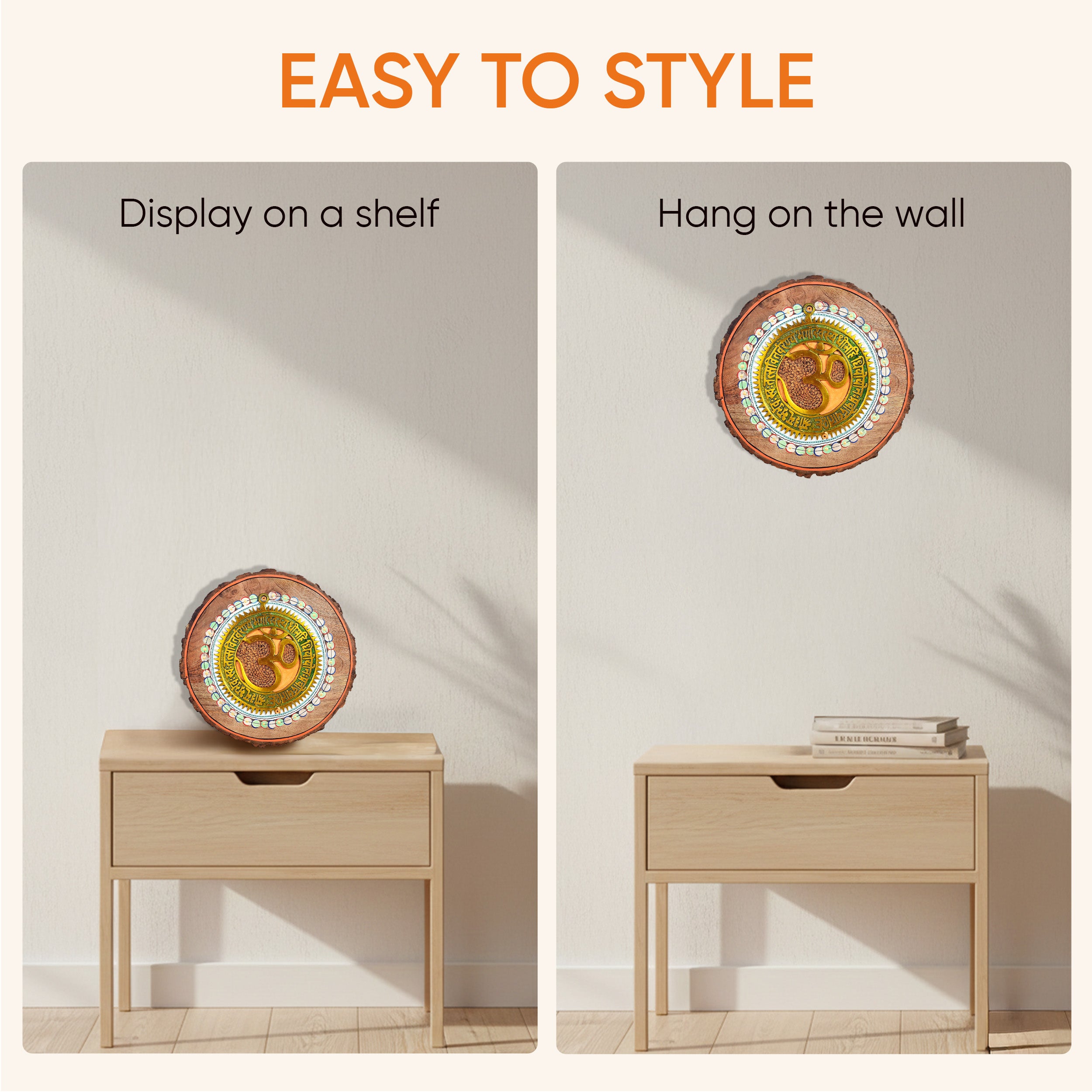 Prashanti Om Wall Accent, Handcrafted Circular Wooden Decor with Sanskrit Mantras and Om Symbol for Tranquility and Energy