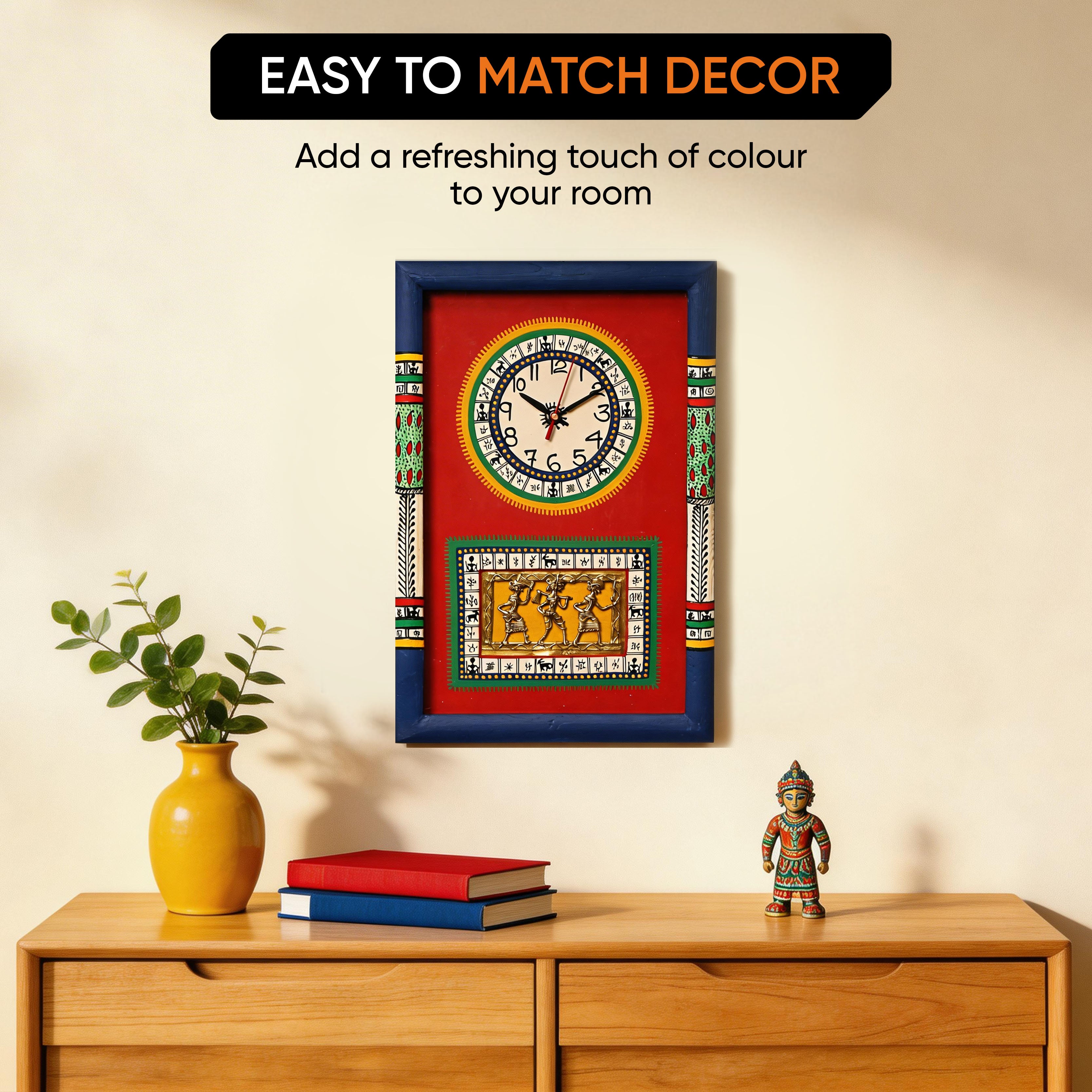 Wall Clock Handcrafted Warli/Dhokra Art Red Dial with Glass Frame (10x15)