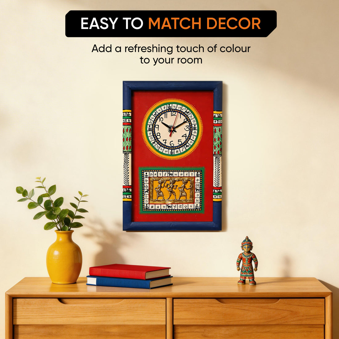 Wall Clock Handcrafted Warli/Dhokra Art Red Dial with Glass Frame (10x15)